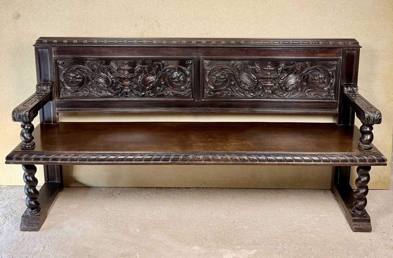 Spanish Carved Wood Bench With Barley Twist Legs, 20th Century photo furniture