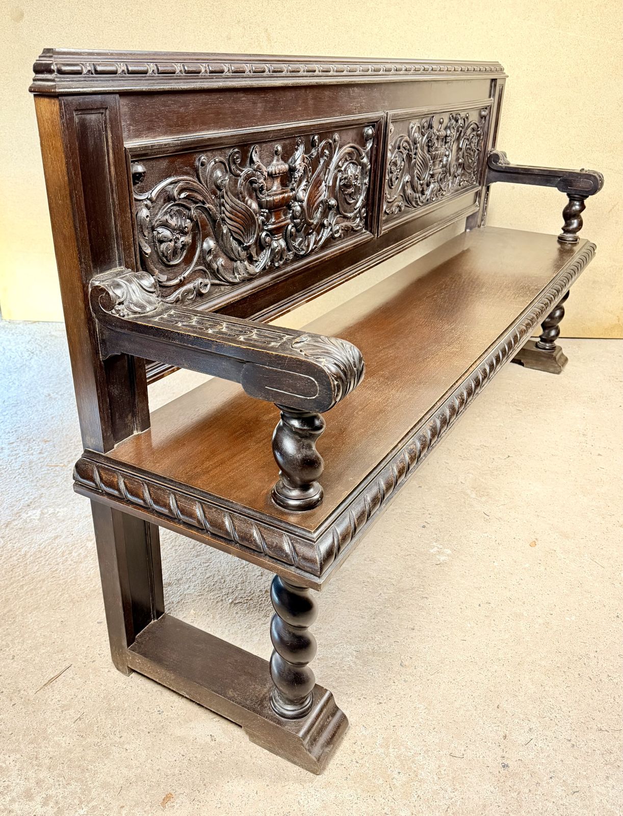 Furniture Spanish Carved Wood Bench With Barley Twist Legs, 20th Century photo