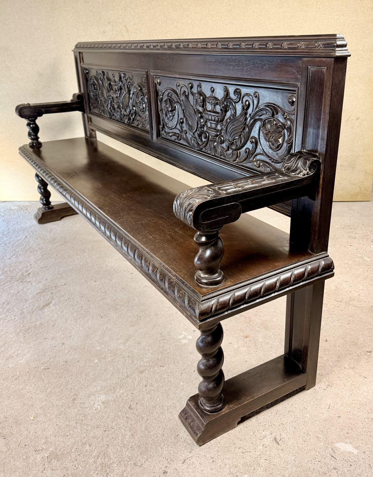 3740.0 Spanish Carved Wood Bench With Barley Twist Legs, 20th Century photo