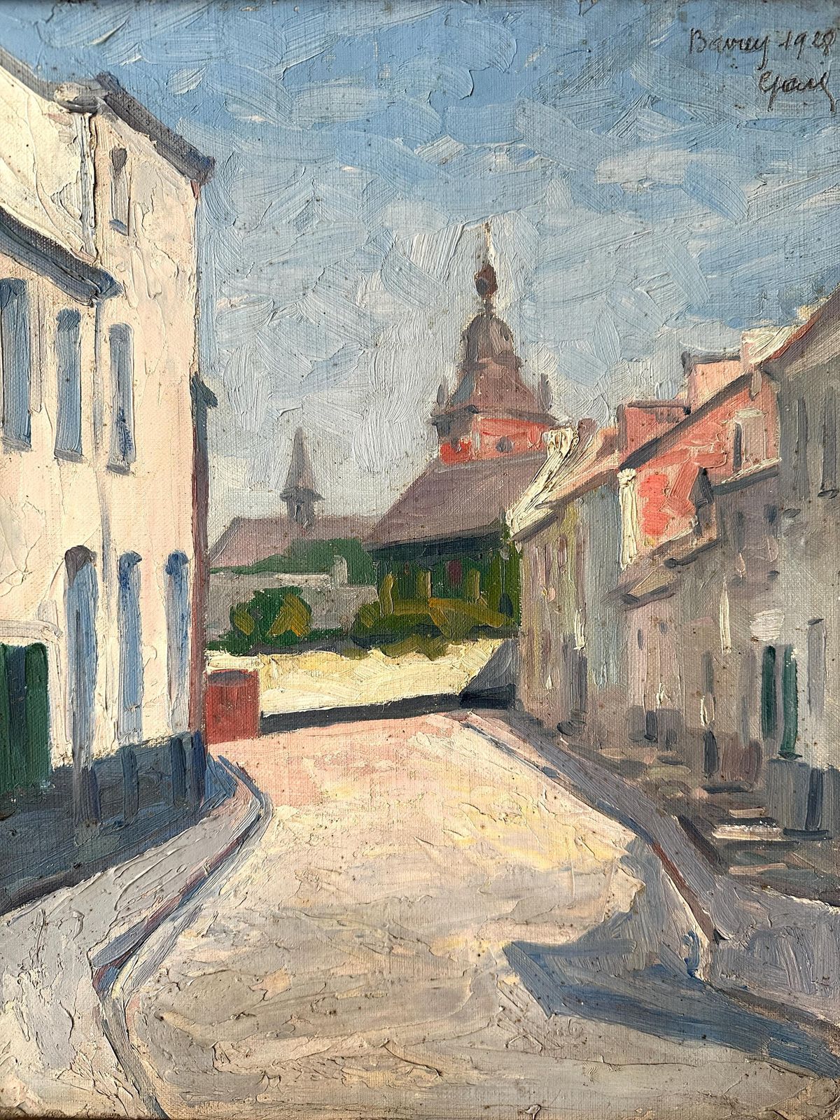 Paysage urbain français, huile sur toile d'époque signée et encadrée représentant un village avec église, 1928 photo Art