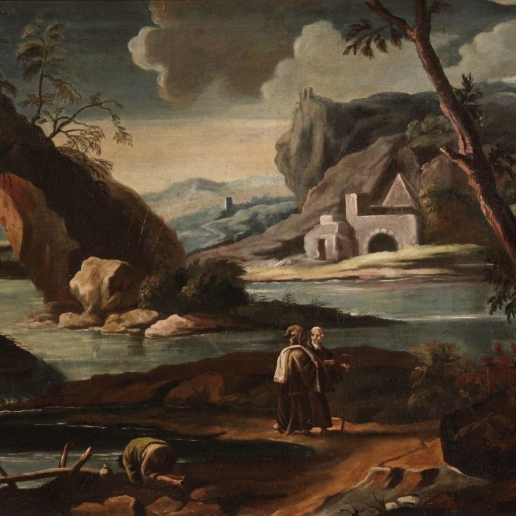 Antique Painting Landscape With Characters From 18th Century photo furniture