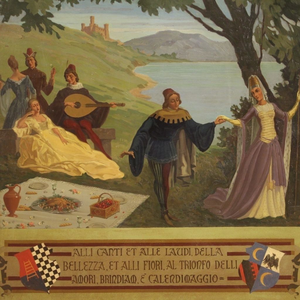 Italian Landscape Painting With Characters From 20th Century photo vinterior