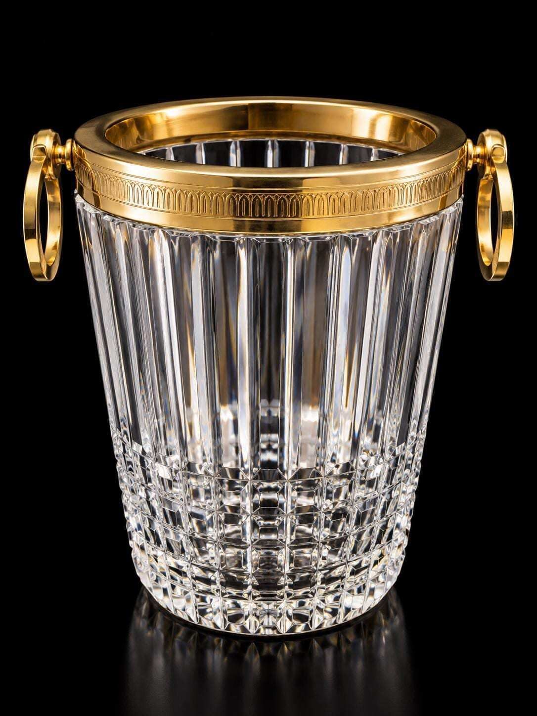 Grote kristallen champagnekoeler gouden rand ringgrepen Hollywood Regency wijnkoeler ijsemmer vintage barware photo furniture