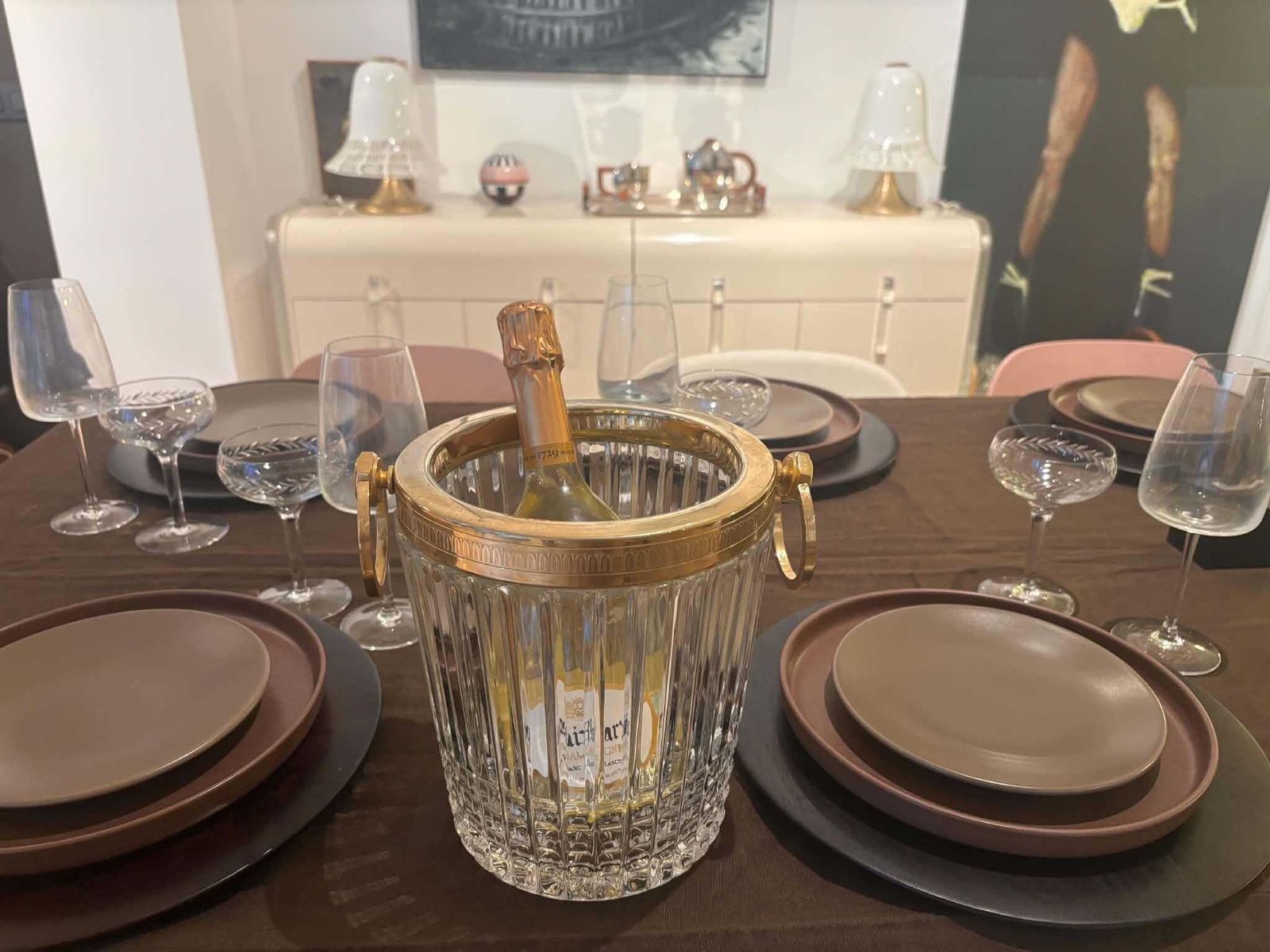 Large Crystal Champagne Bucket Gold Rim Ring Handles Hollywood Regency Wine Cooler Ice Bucket Vintage Barware photo buy