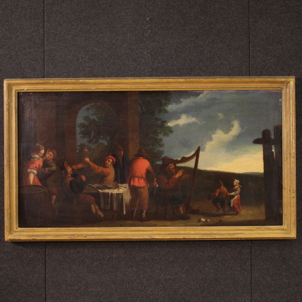 Antique Italian Painting From The 17th Century, Bamboccianti Genre Scene