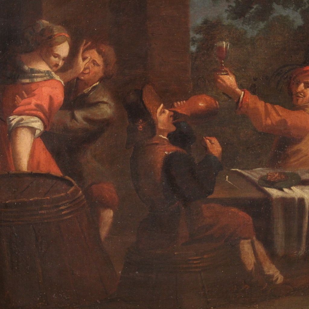 Antique Italian Painting From The 17th Century, Bamboccianti Genre Scene photo Art