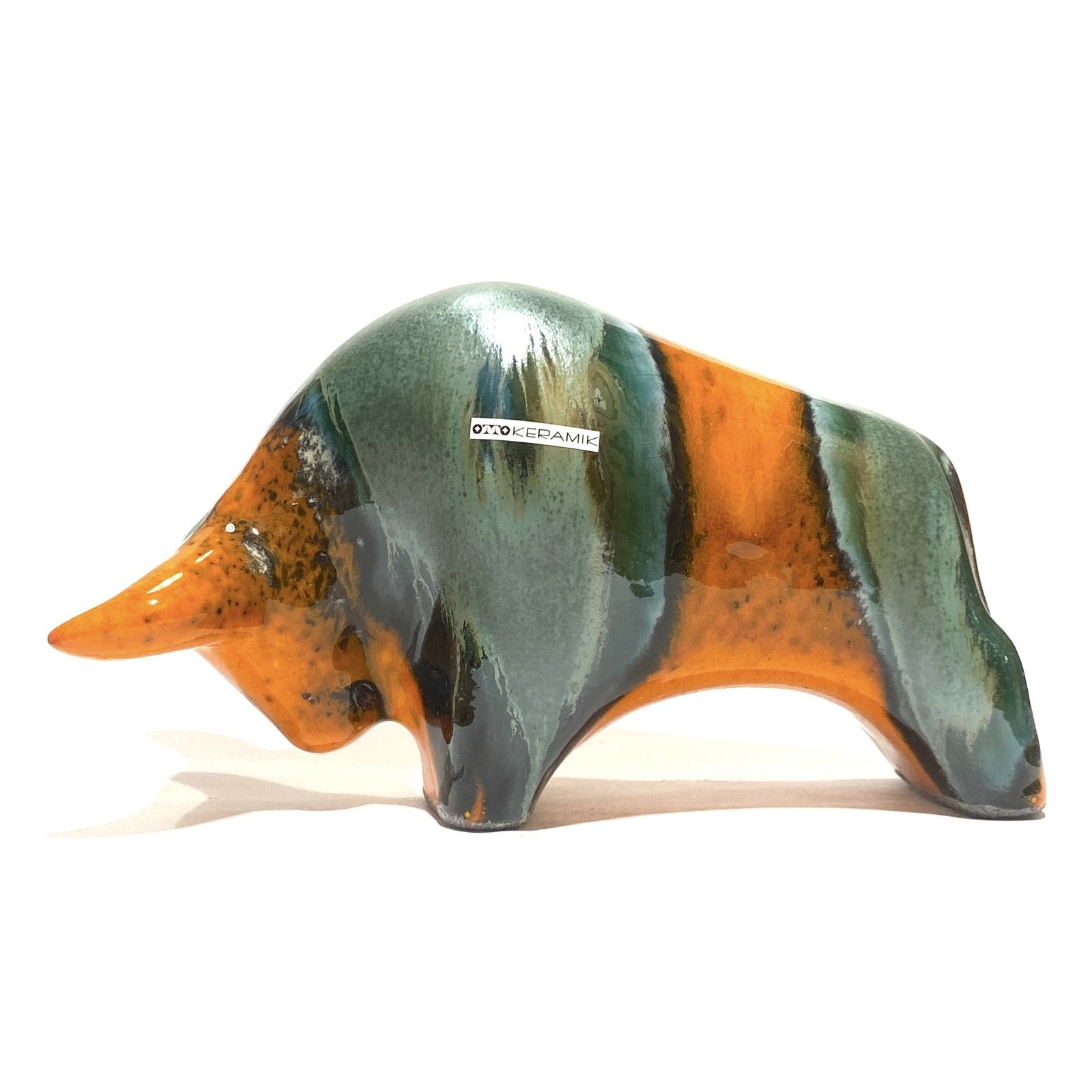 Otto Keramik stier in oranje Peru-glazuur, West German Pottery stijl sculptuur