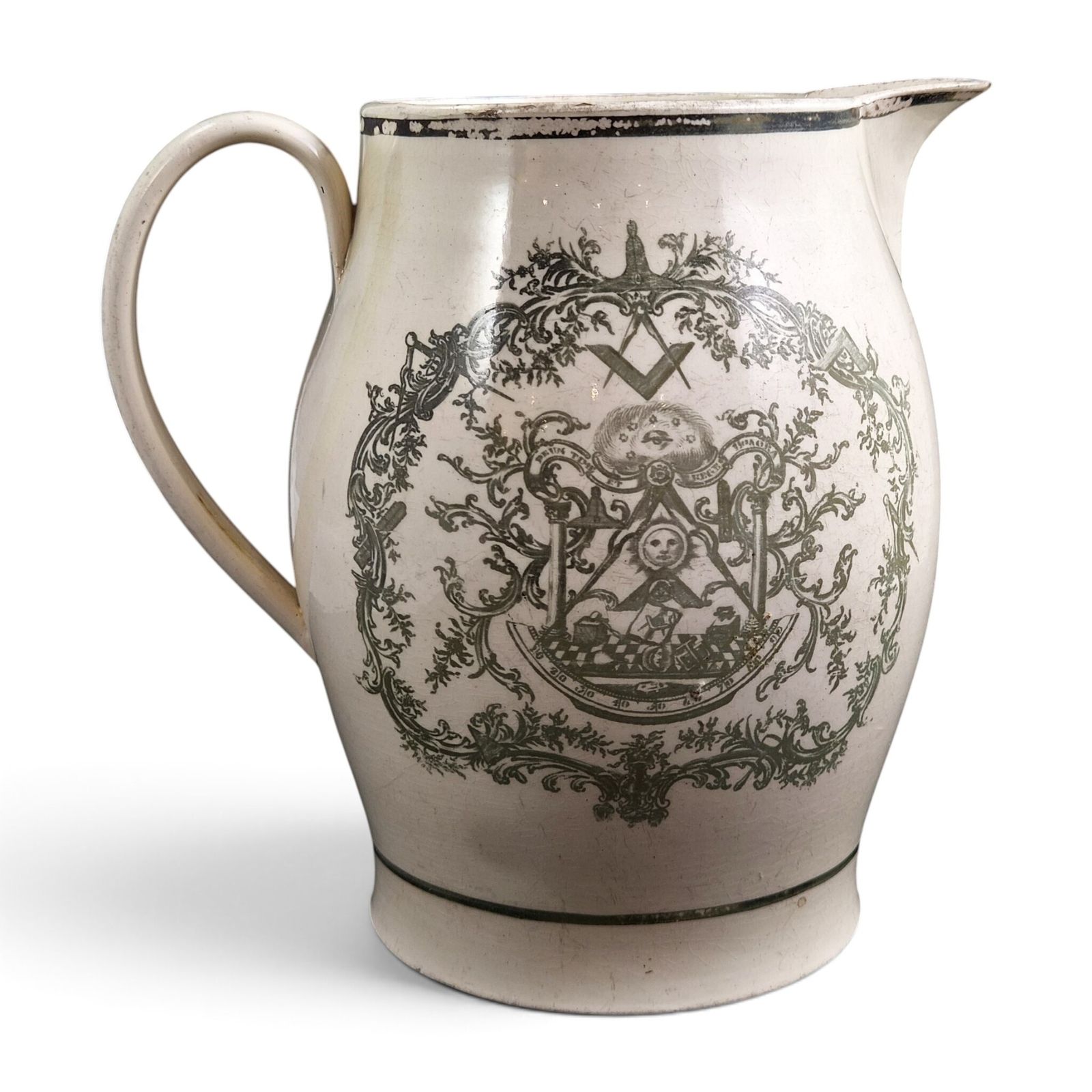 Staffordshire Masonic Jug In Light Olive Green Transfer Print, C.1800-1810