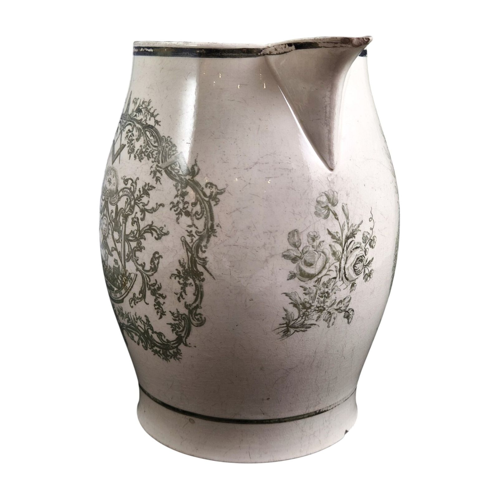 Staffordshire Masonic Jug In Light Olive Green Transfer Print, C.1800-1810 photo furniture