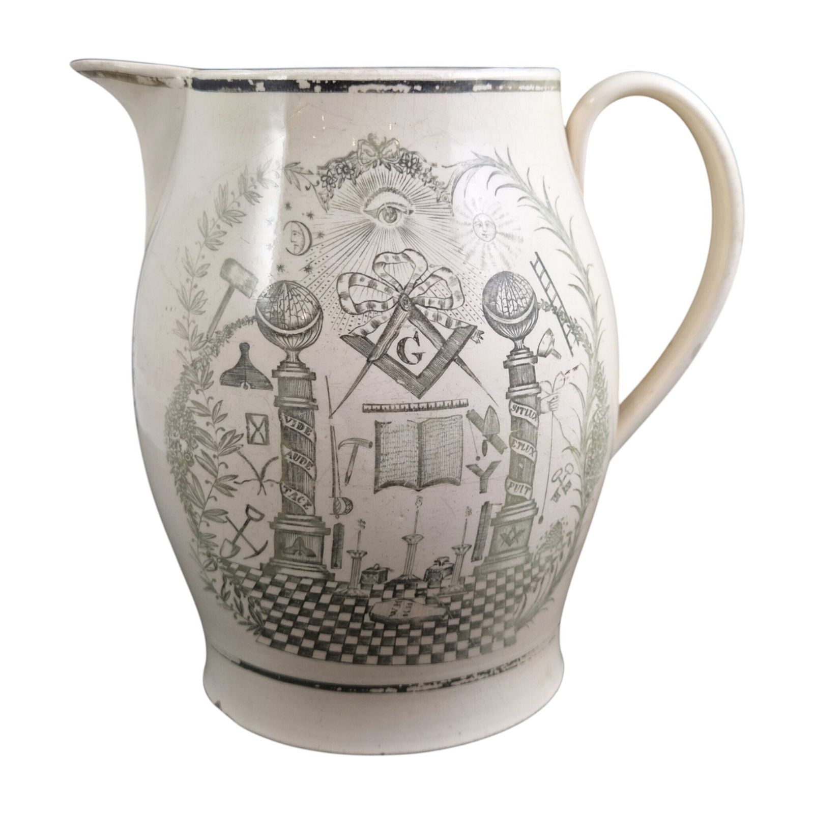 Staffordshire Masonic Jug In Light Olive Green Transfer Print, C.1800-1810 photo Woonaccessoires