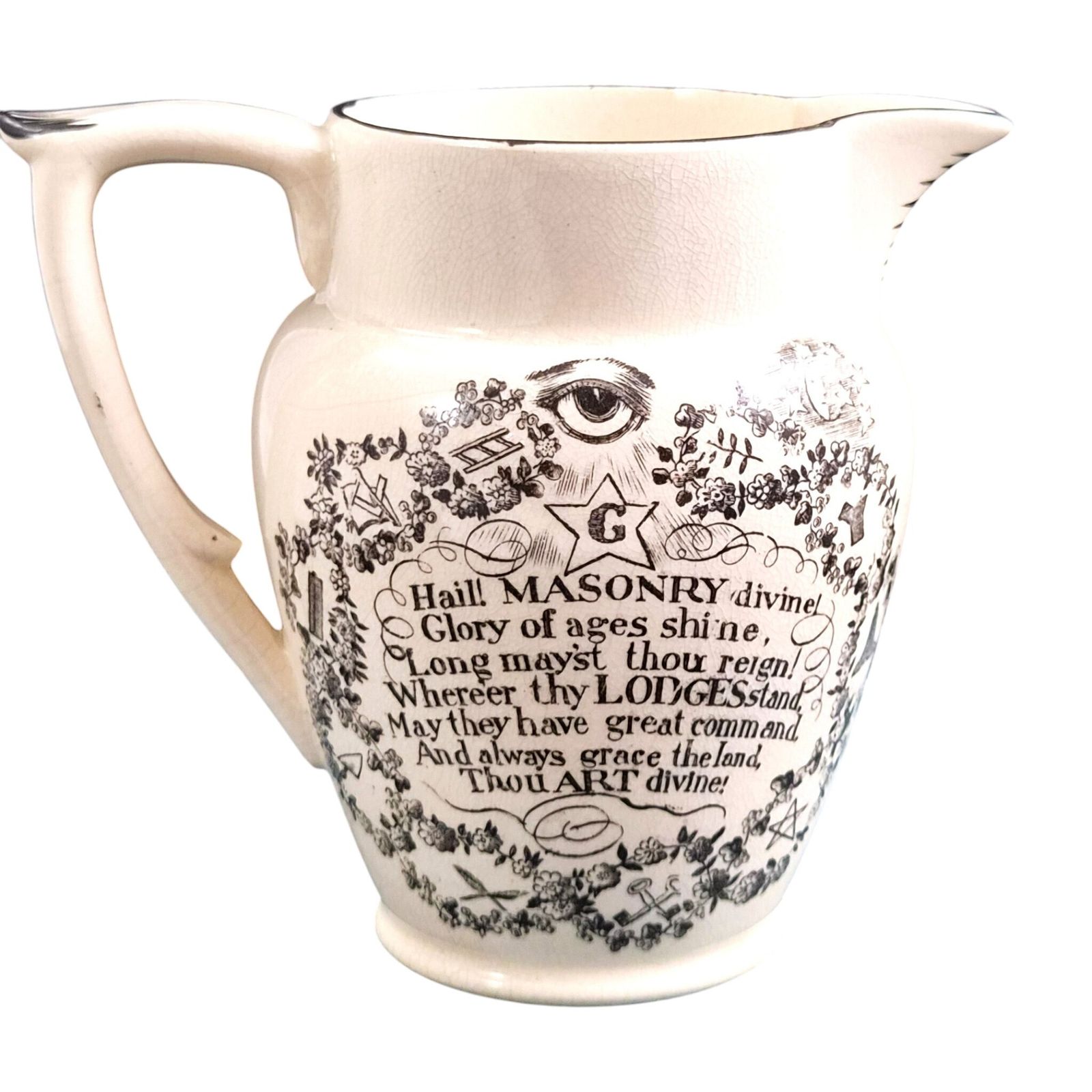 Staffordshire Maçonniek Creamware Kruikje, begin 19e eeuw, ca. 1810 photo for sale
