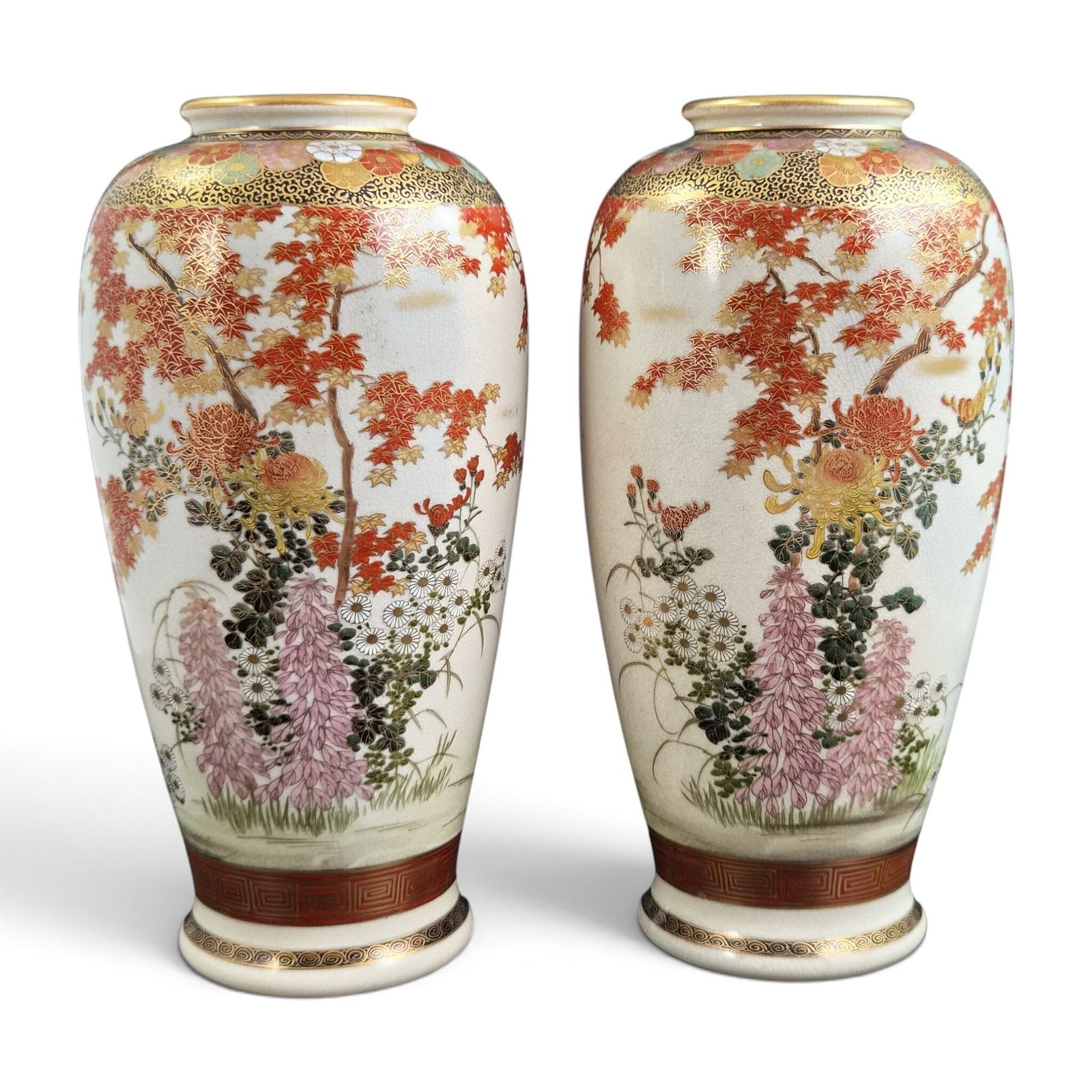 Pair Of Large Fine Japanese Satsuma Vases, Maruni Kobe, Late Meiji Period
