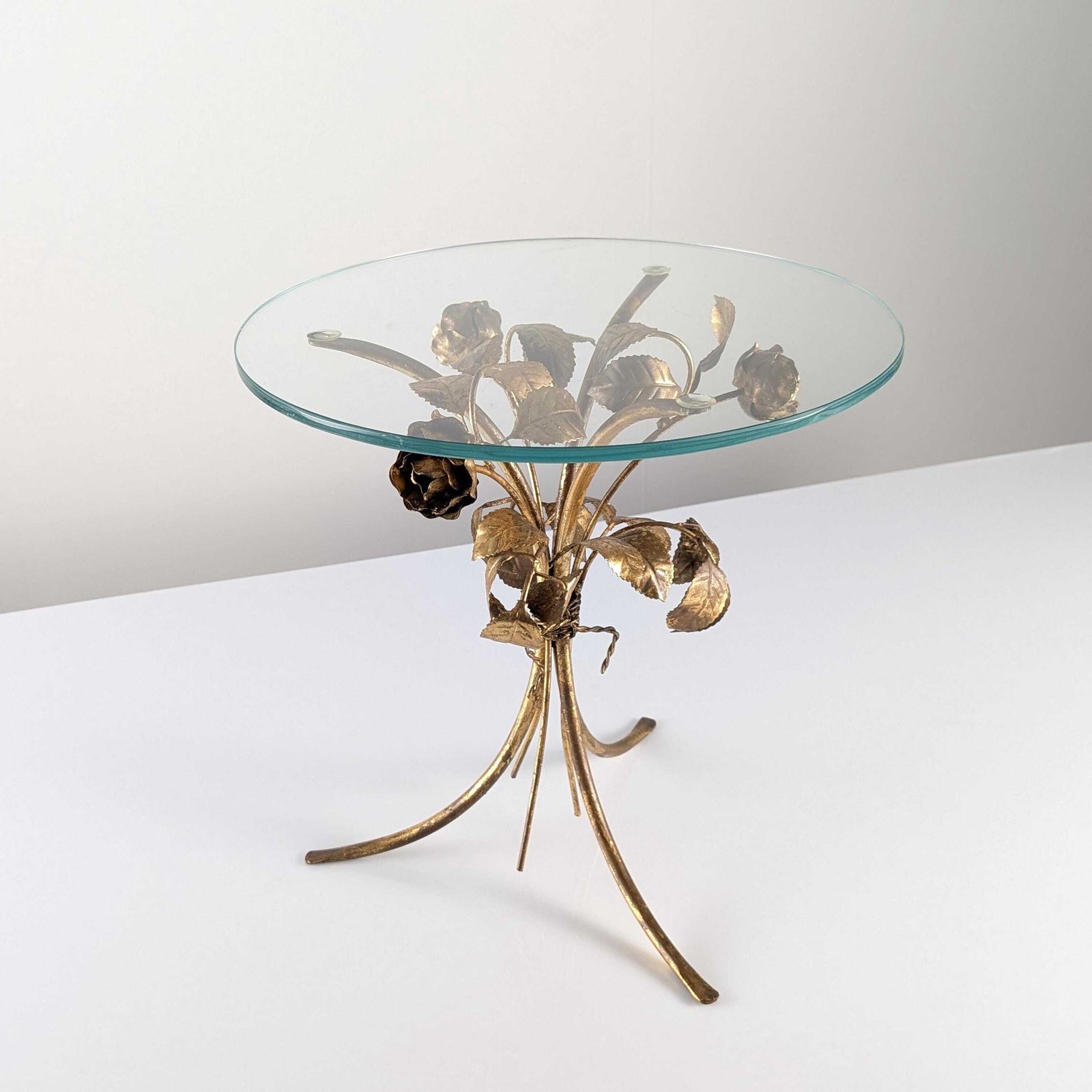 Mid Century Gold Metal Side Table With Roses And Glass Top, 1970s