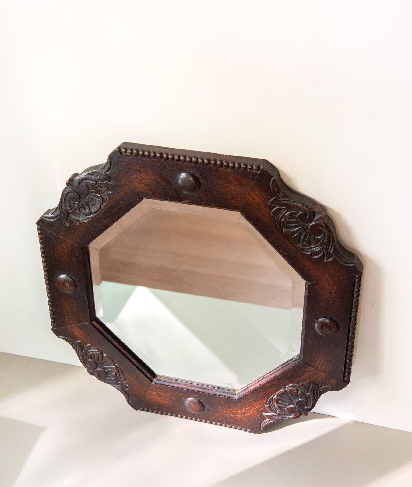 Antique Art Deco Octagonal Wall Mirror   Amsterdam School   Carved Dark Wood Mirror   Beveled Glass photo for sale