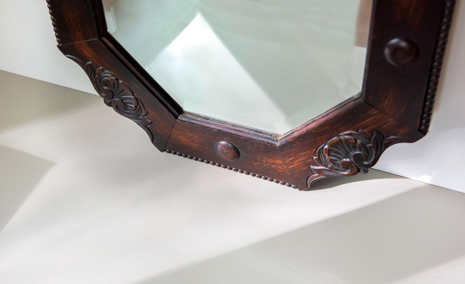 Antique Art Deco Octagonal Wall Mirror   Amsterdam School   Carved Dark Wood Mirror   Beveled Glass photo 291.0