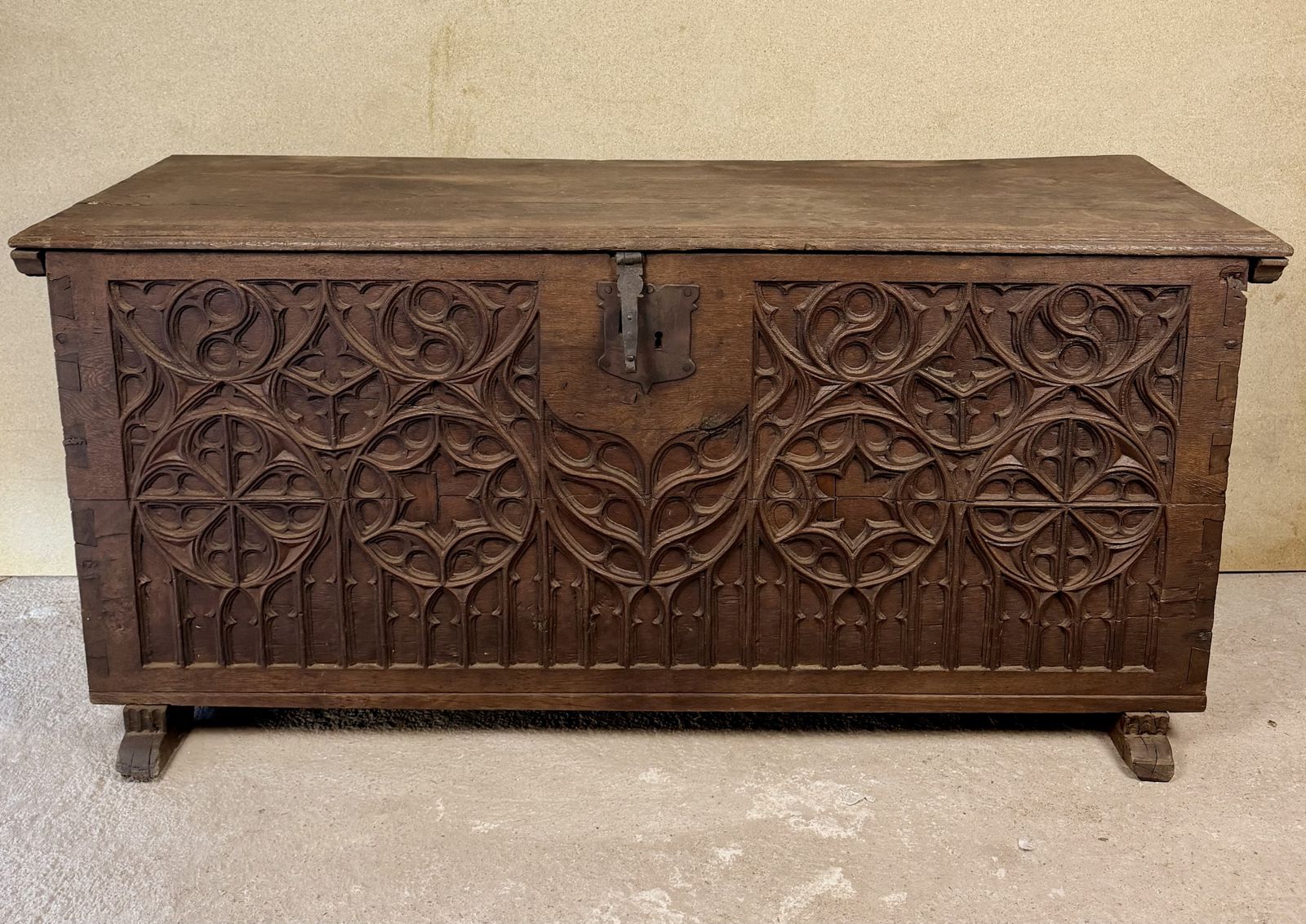 Late 18th Century Spanish Carved Wood Chest With Gothic Decoration photo furniture