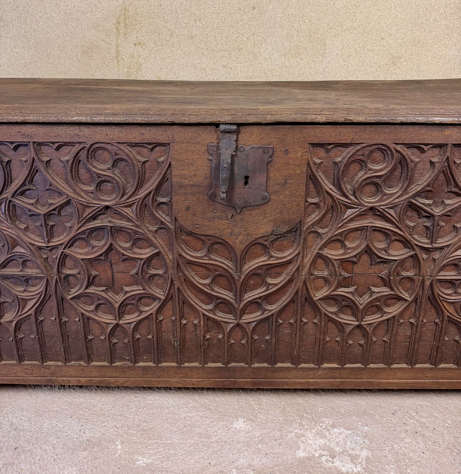 Late 18th Century Spanish Carved Wood Chest With Gothic Decoration photo for sale