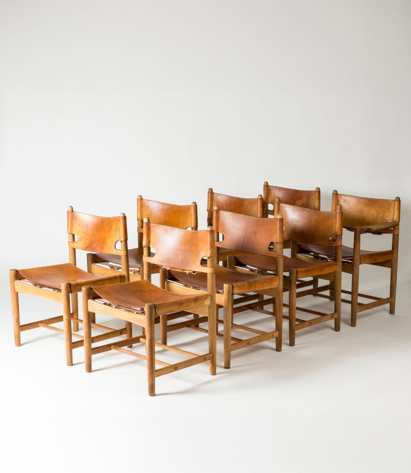 Set Of Eight Oak And Leather Dining Chairs By Børge Mogensen, Denmark, 1960s photo for sale