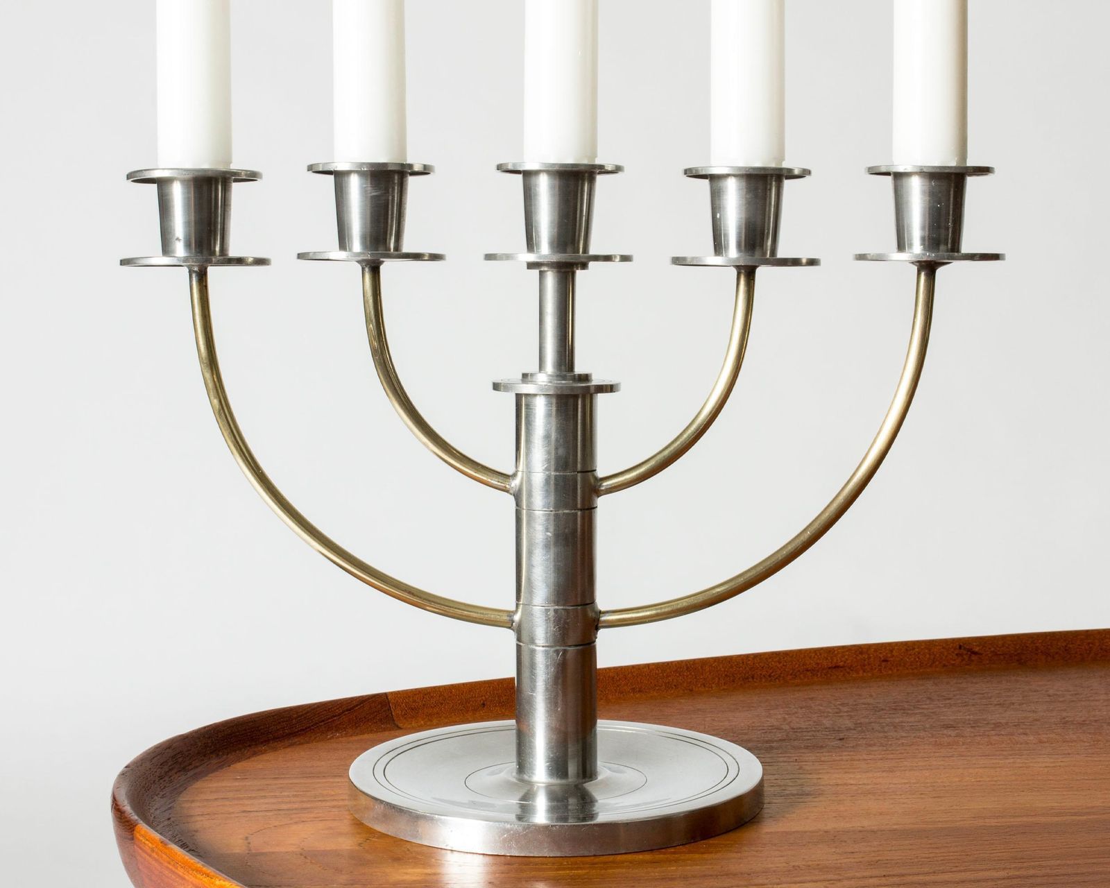 Functionalist tinnen kandelaar, toegeschreven aan Sylvia Stave, Zweden, 1929 photo for sale