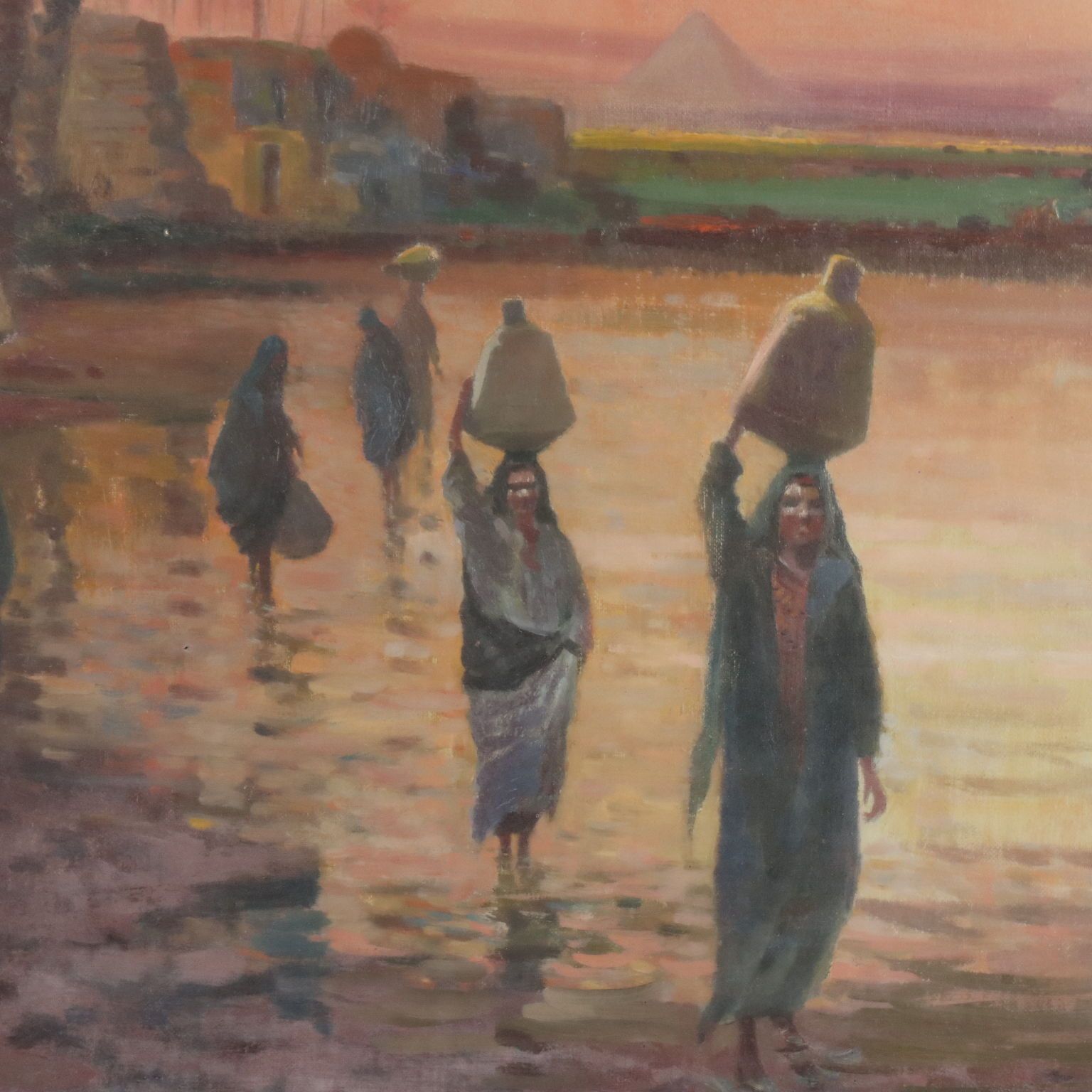 Peinture, paysage exotique avec pyramides et personnages photo for sale