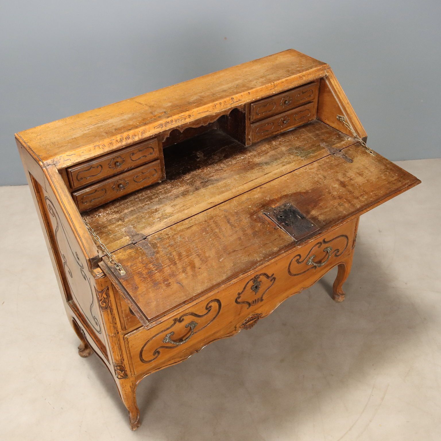 Secrétaire d'époque à abattant en bois ébénisé, 6 tiroirs, XVIIIe siècle photo vintage