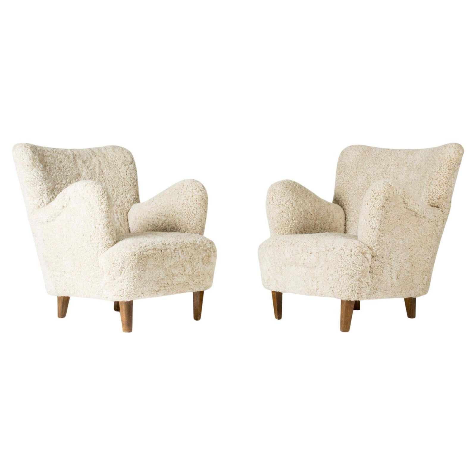 Midcentury Modern Sheepskin Lounge Chairs, Sweden, 1940s