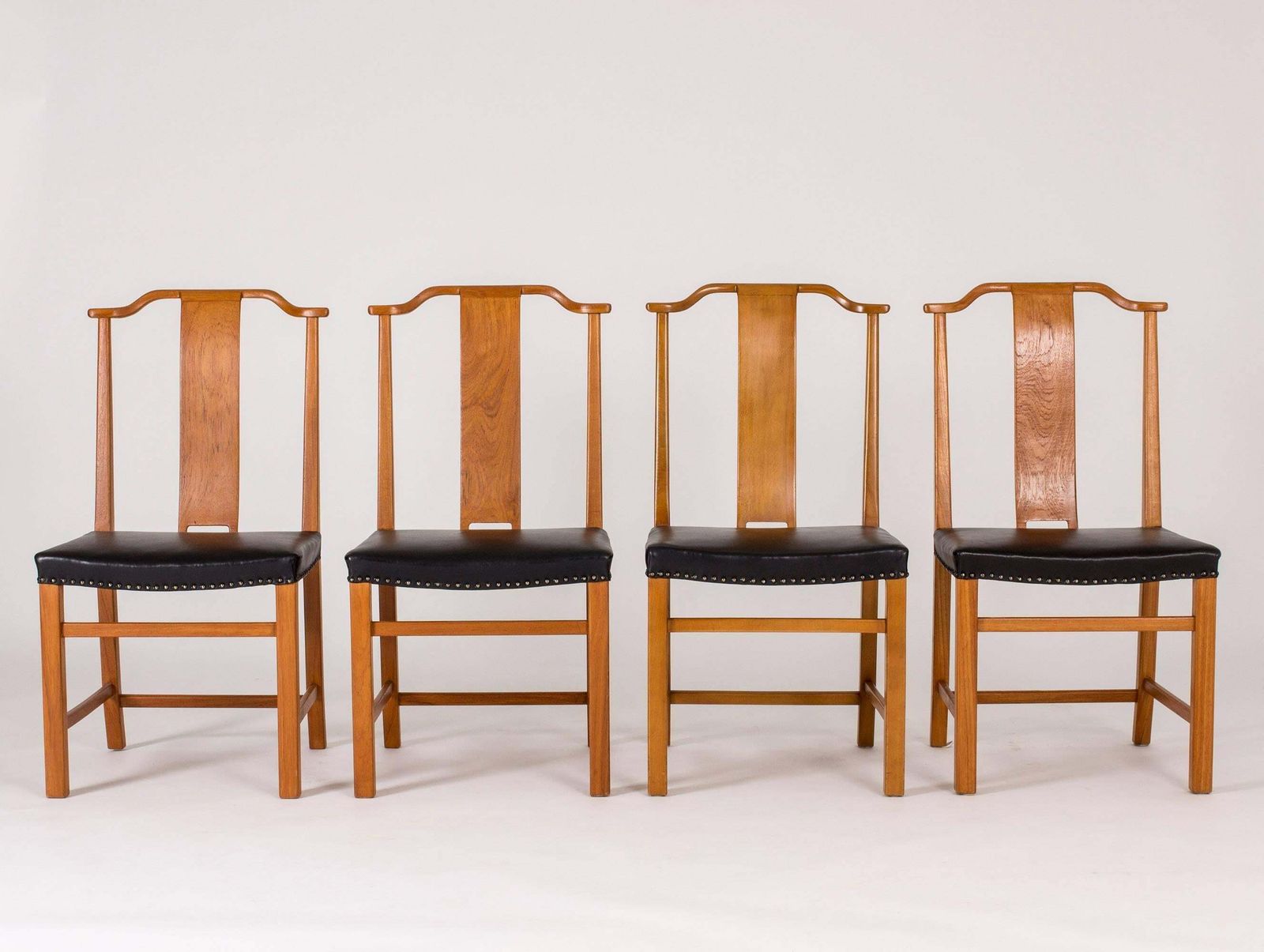 Set Of 12 Axel Larsson Dining Chairs, Stained Elmwood & Leather, 1940s photo furniture