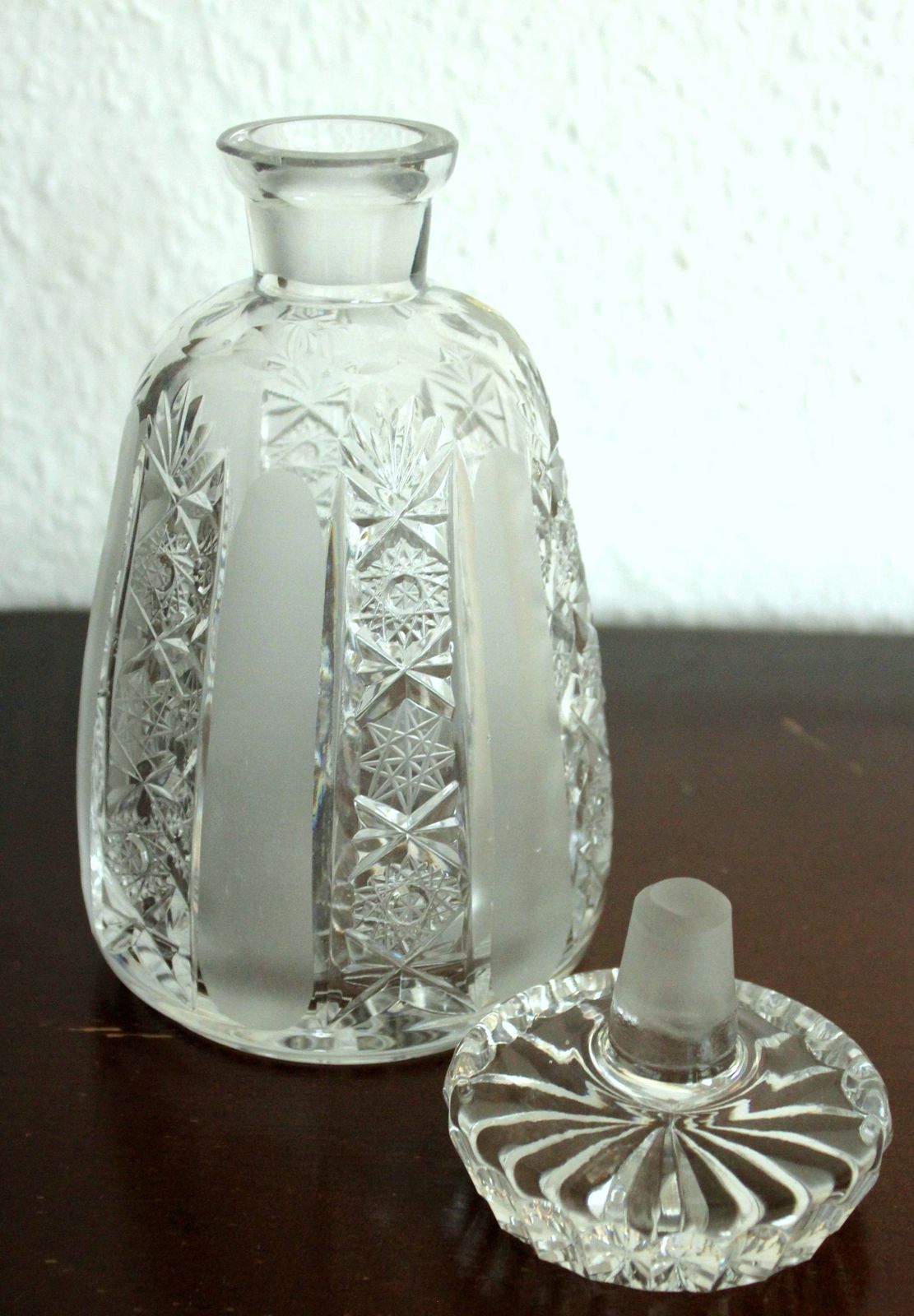 Set Of A Hand Cut Bohemian Lead Crystal Carafe And 5 Liqueur Glasses On A Wooden Florentine Tray   Vintage photo vinterior