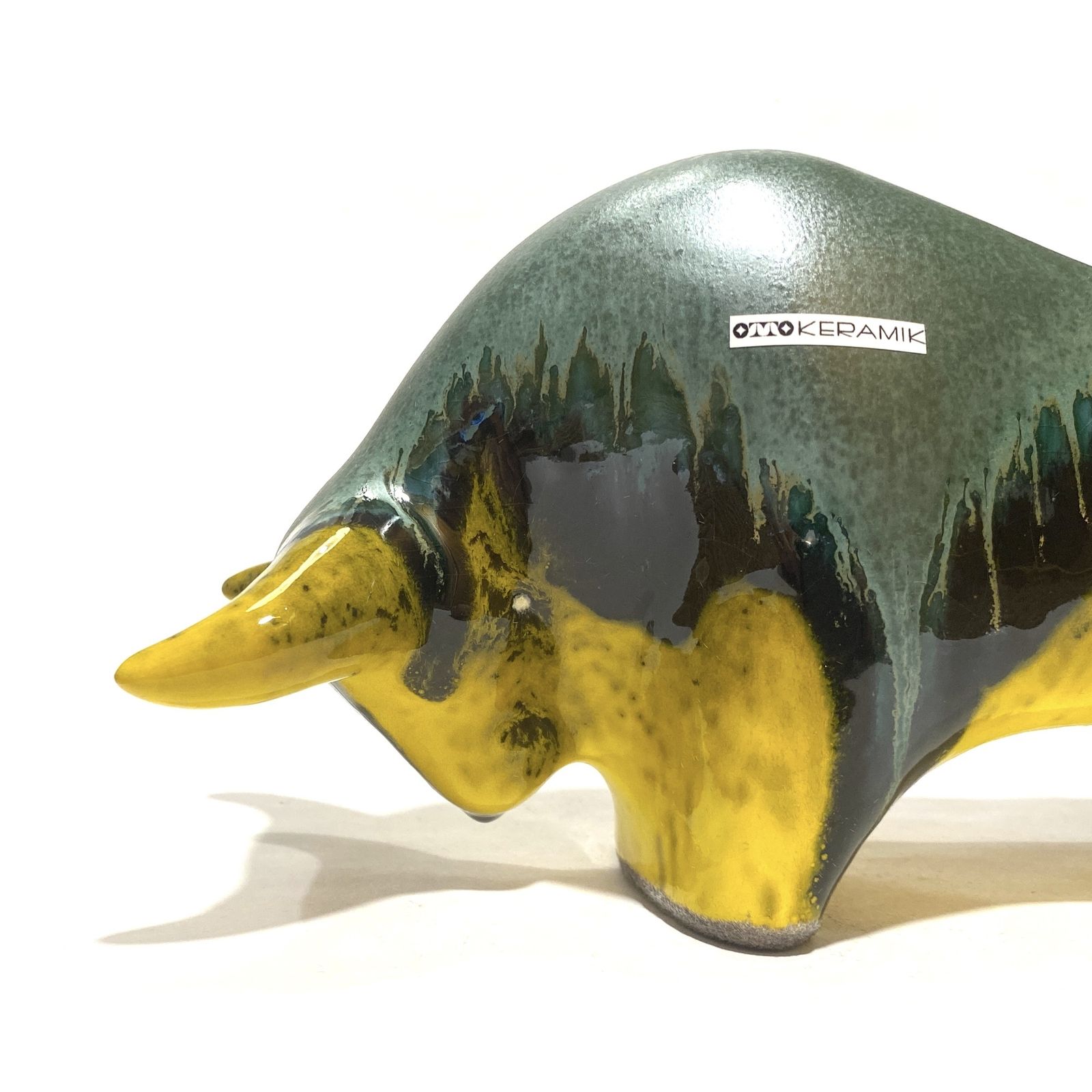 Otto Keramik Bull In Green Over Yellow Drip Glaze, West German Pottery Style Sculpture photo vinterior