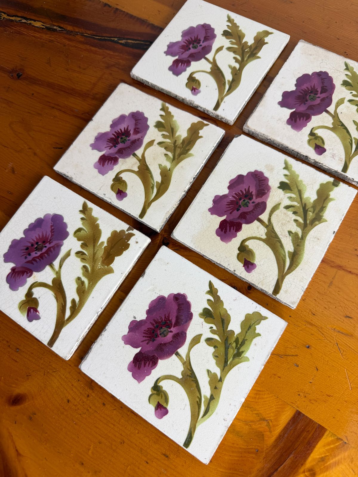 Set van 6 Art Nouveau Bloemen Keramische Tegels, Architectural Salvage photo 200.0