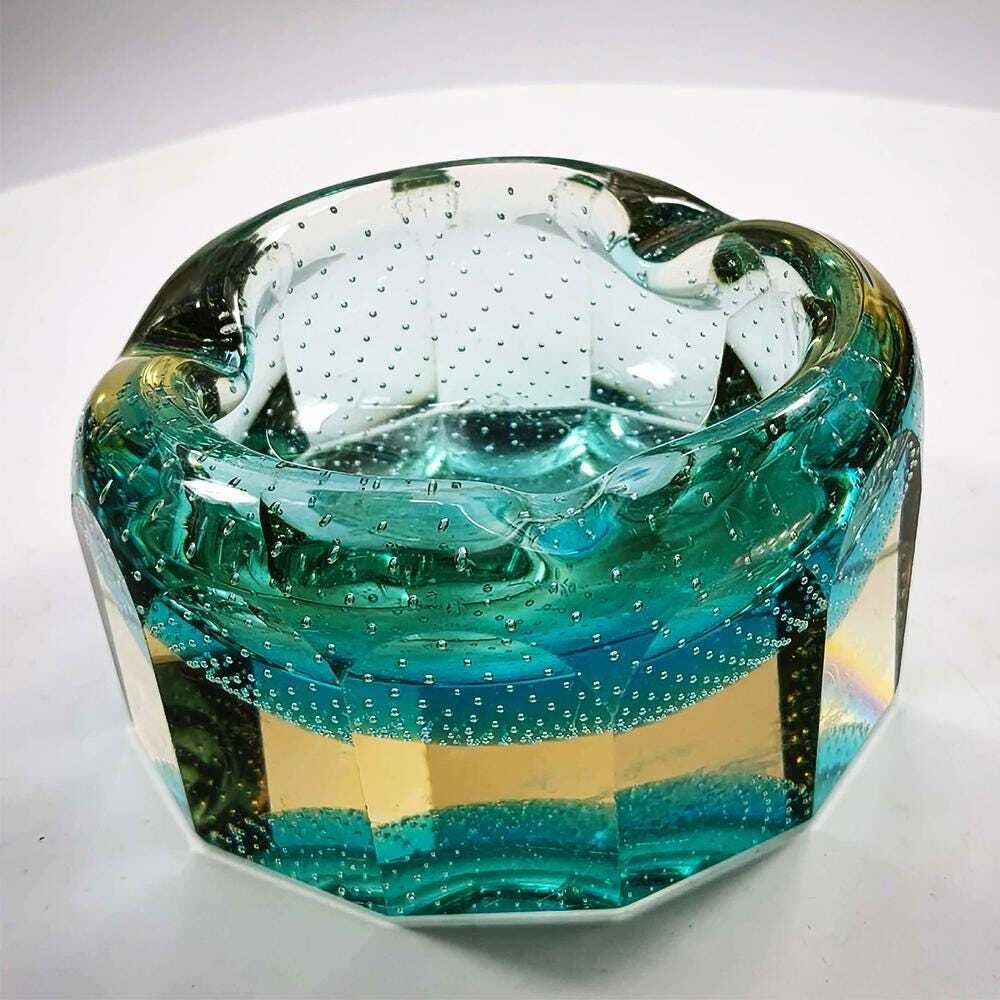 1960s Stunning Multifaceted Ashtray Or Catch All In Murano Glass With Air Bubbles. Made In Murano, Italy photo for sale