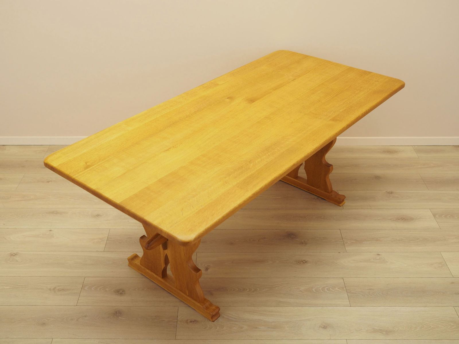Danish Solid Oak Dining Table, Trestle Construction, 1960s photo vinterior