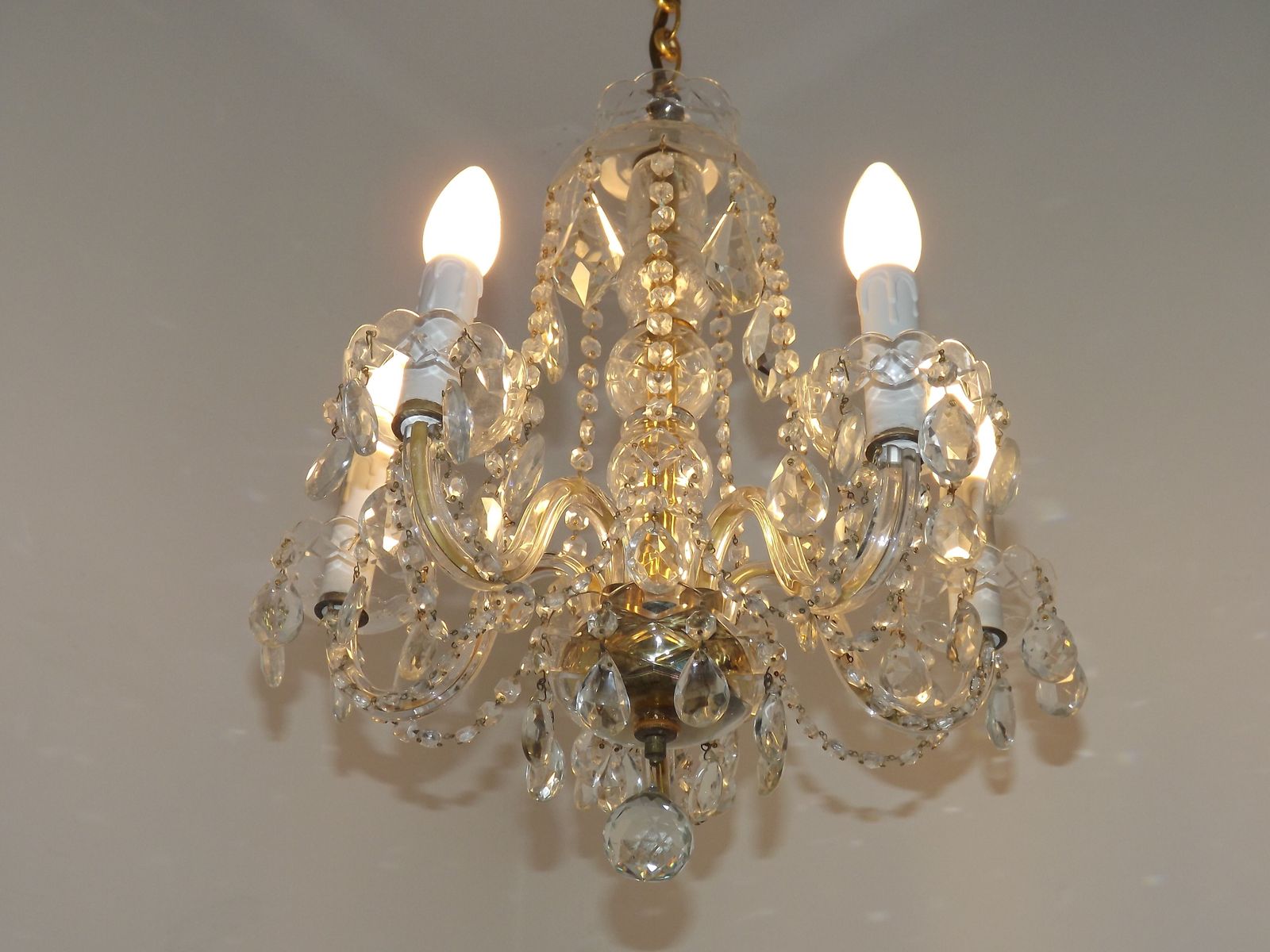 photo for sale French Vintage Maria Theresa Gold Metal & Glass 5 Light Crystal Chandelier