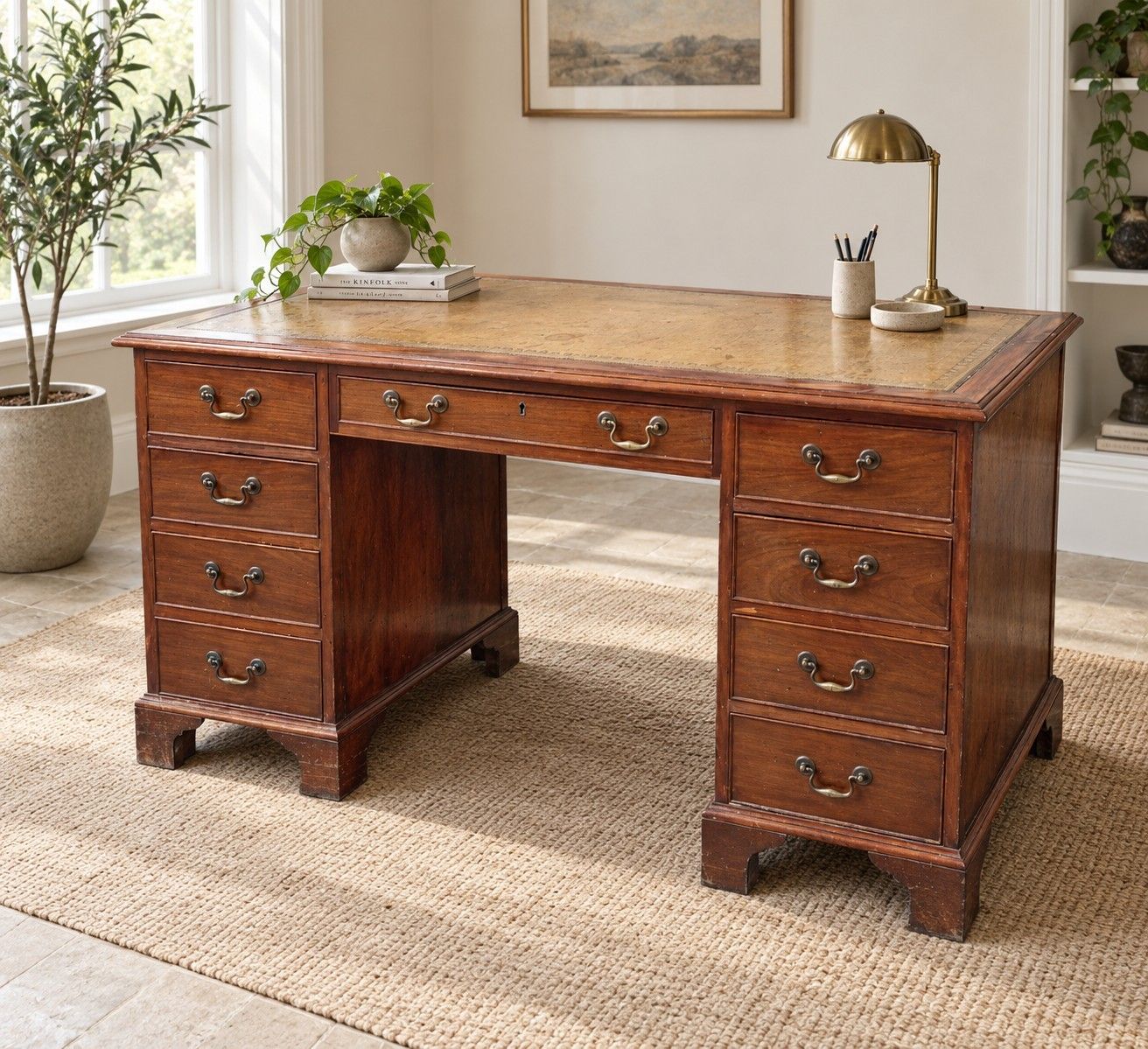 Antique Mahogany Pedestal Desk Leather Top 9 Drawer Kneehole