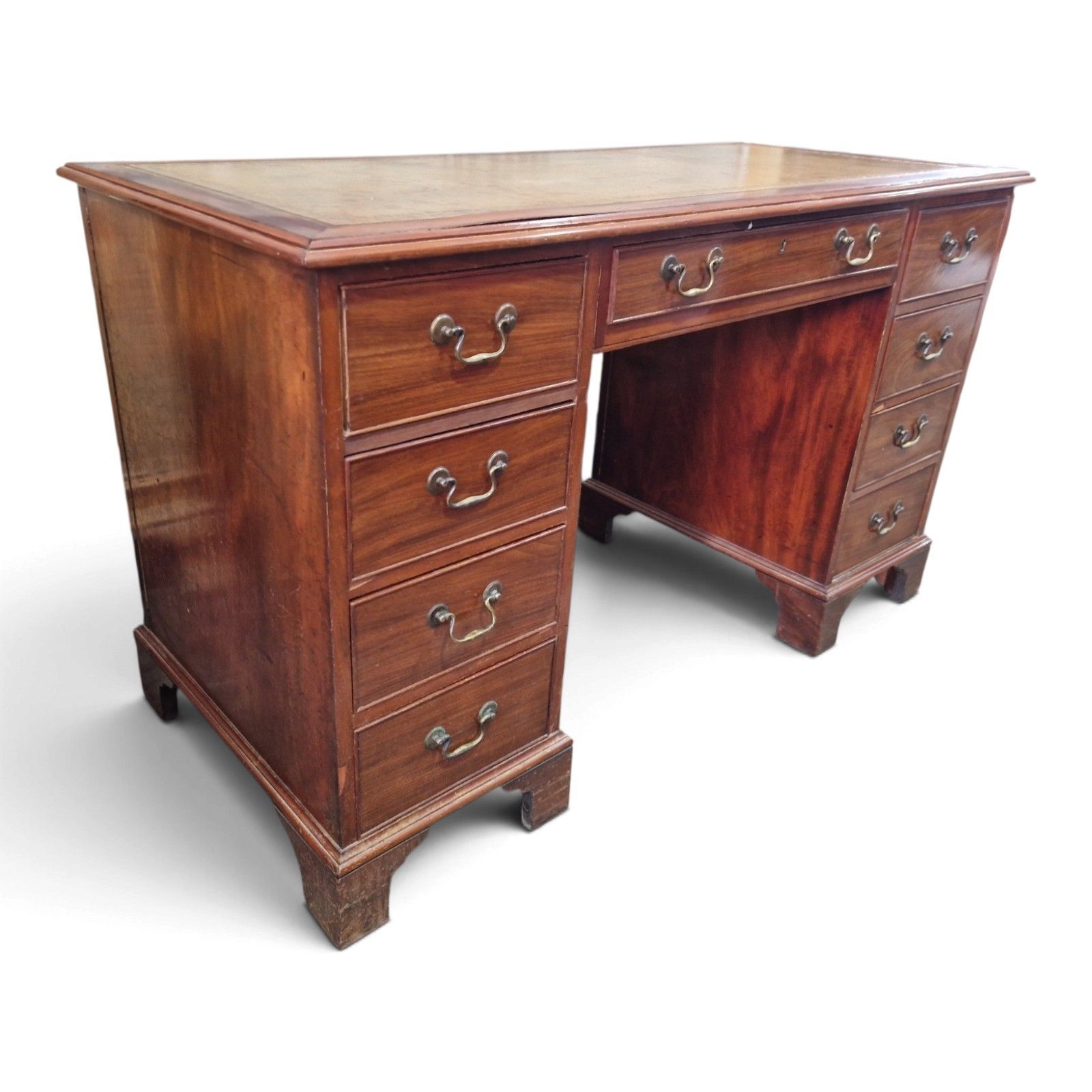 Antique Mahogany Pedestal Desk Leather Top 9 Drawer Kneehole photo 195.0