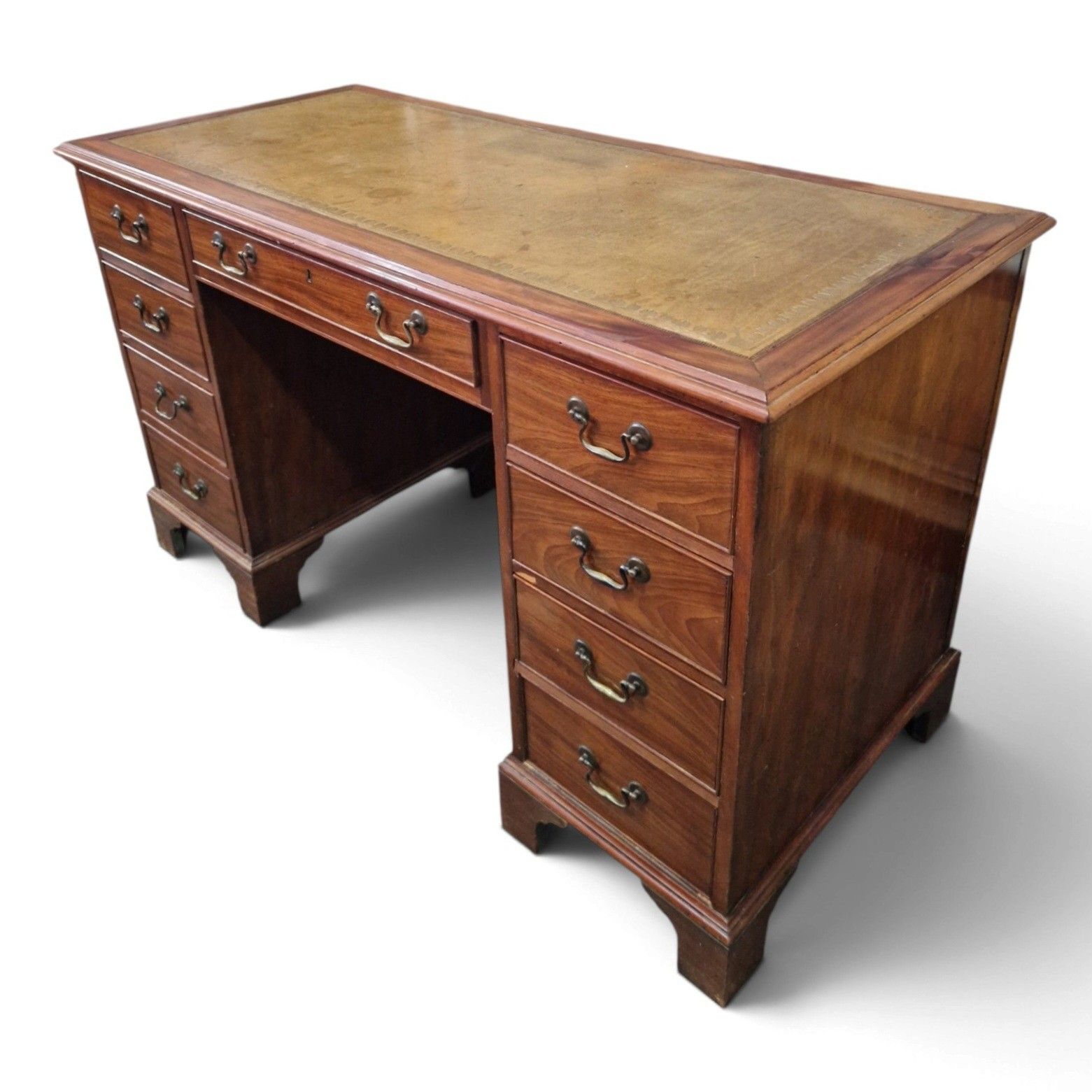 photo buy Antique Mahogany Pedestal Desk Leather Top 9 Drawer Kneehole