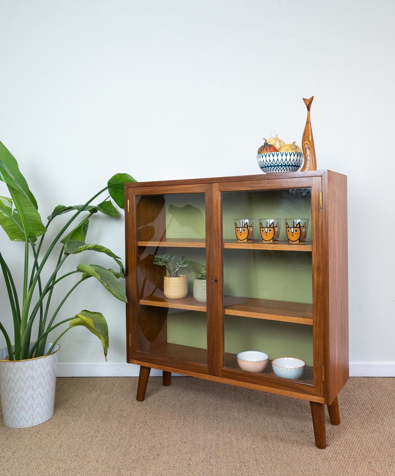 Refinished Vintage Teak Mid Century G Plan Small Green Glazed Cabinet Bookcase