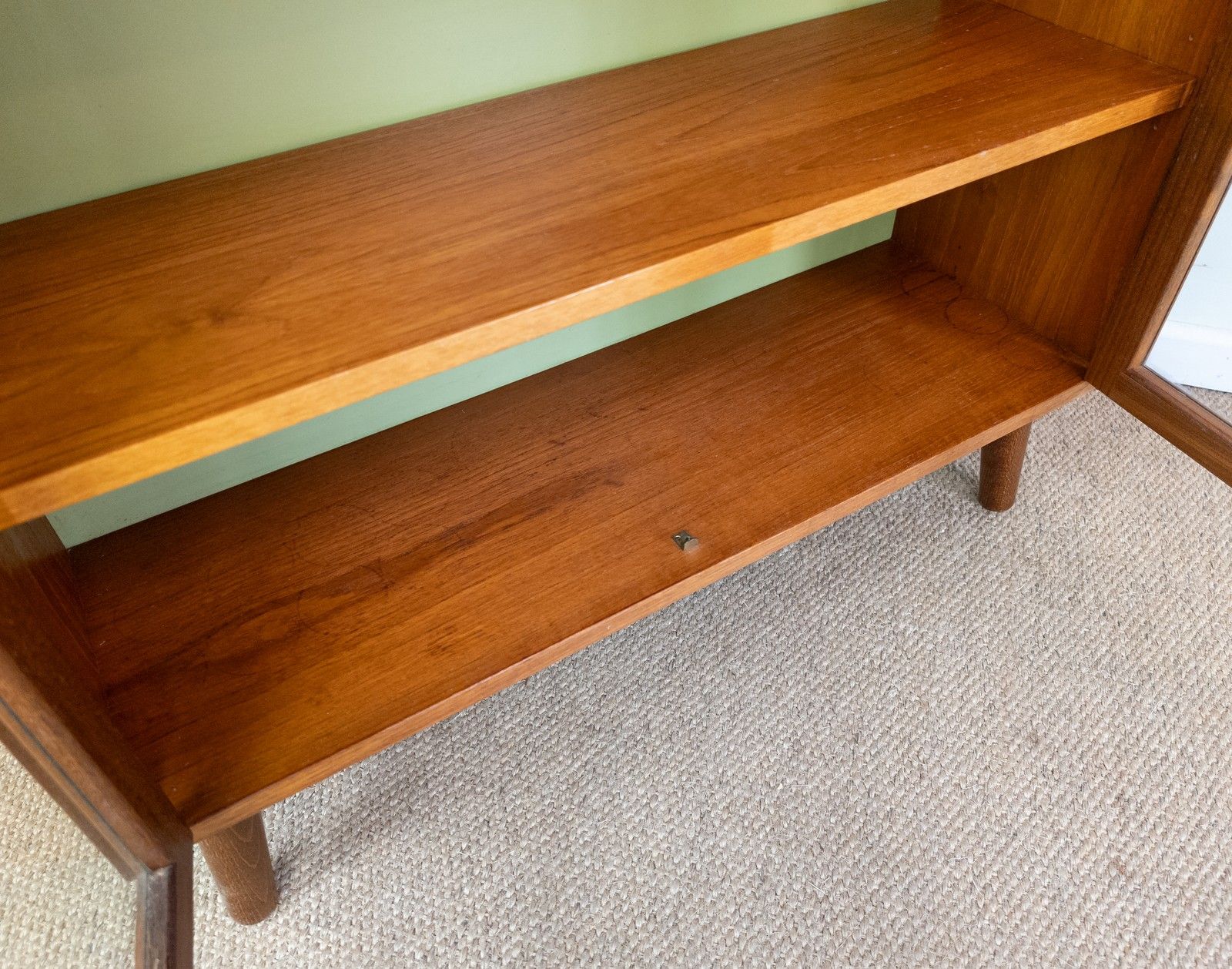 Refinished Vintage Teak Mid Century G Plan Small Green Glazed Cabinet Bookcase photo vinterior