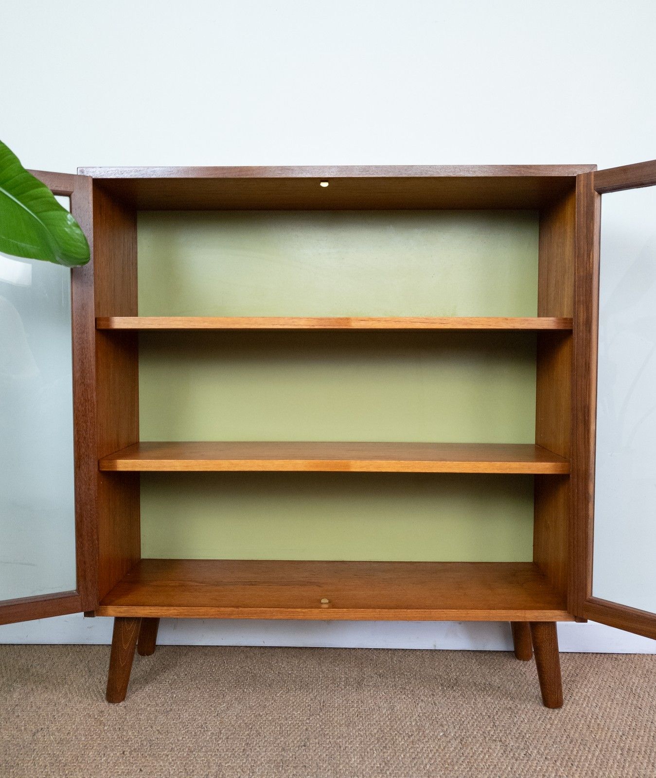 325.0 Refinished Vintage Teak Mid Century G Plan Small Green Glazed Cabinet Bookcase photo