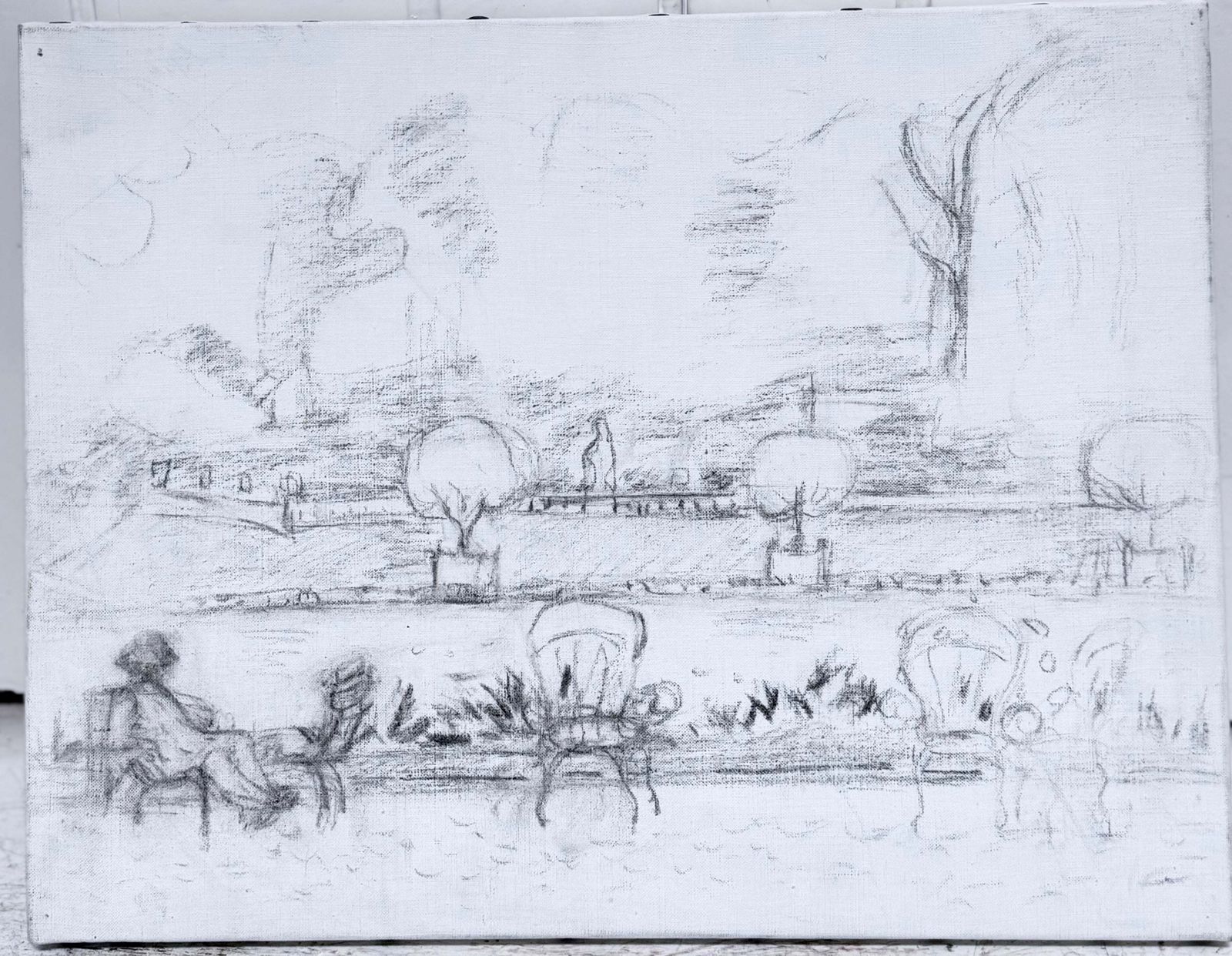 Personnages assis dans un parc parisien, dessin moderniste français, XXe siècle photo furniture