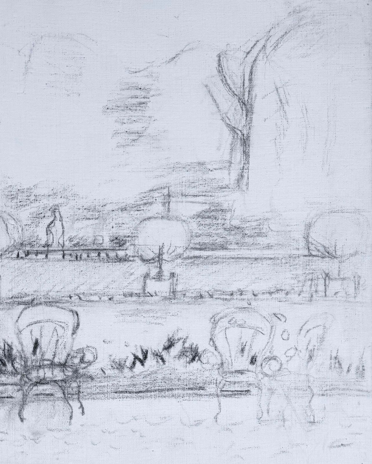 Personnages assis dans un parc parisien, dessin moderniste français, XXe siècle photo for sale