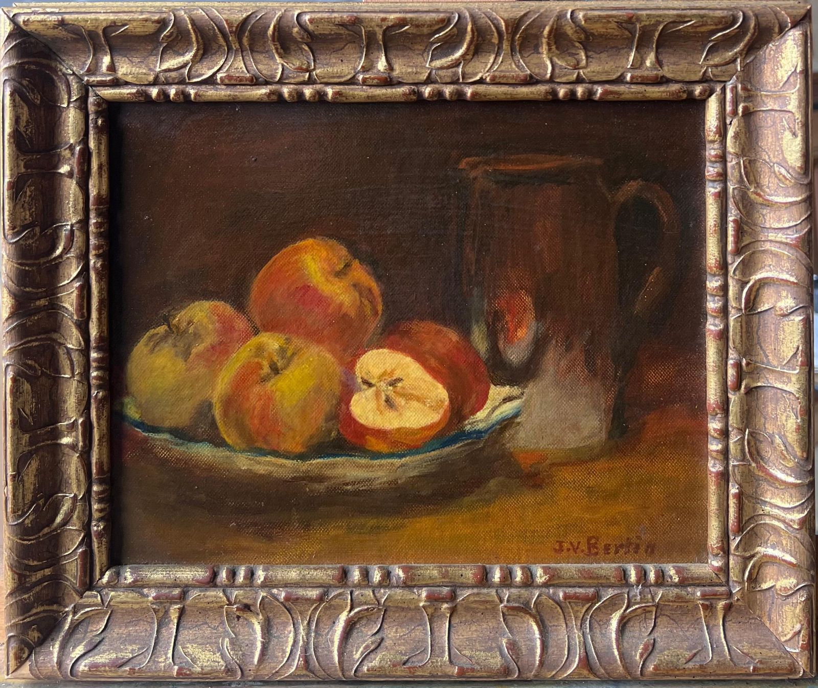 Peinture à l'huile d'époque, nature morte aux pommes sur table, lumière douce, signée, école française