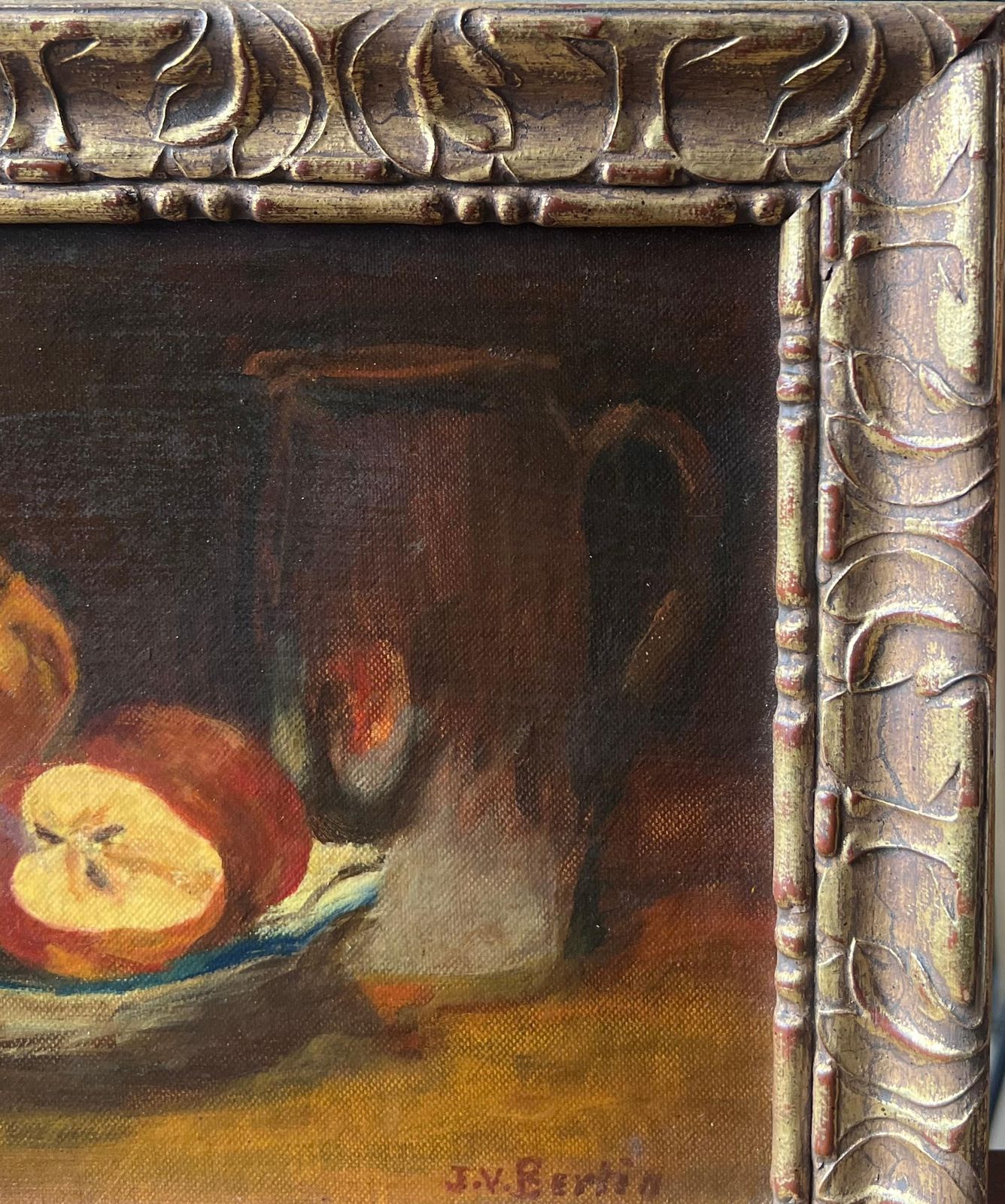 Antique French Signed Oil Painting Still Life Of Apples On Table Soft Light photo for sale