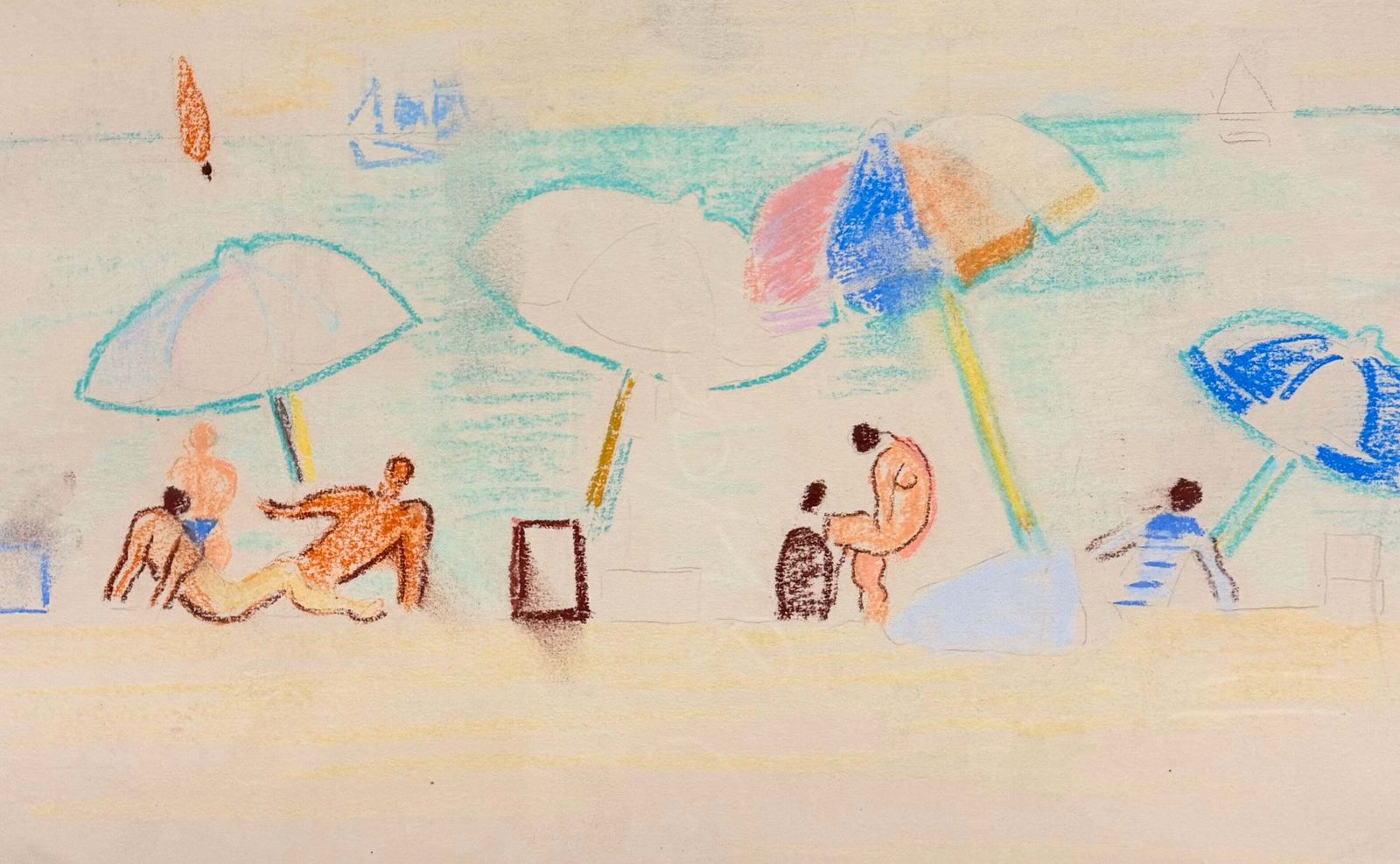 Personnages sous des parasols colorés sur une plage française, pastel moderniste, XXe siècle