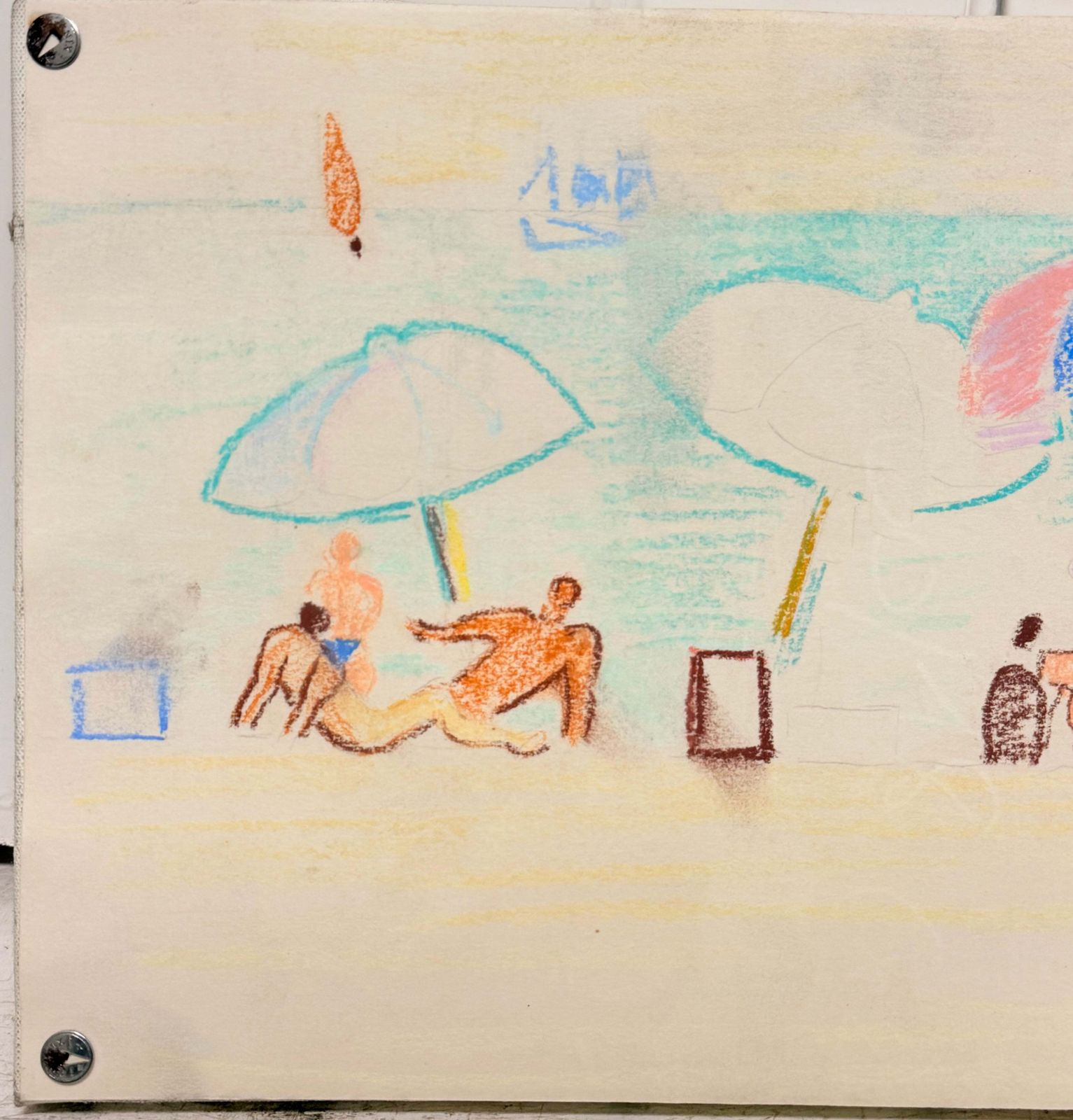 Personnages sous des parasols colorés sur une plage française, pastel moderniste, XXe siècle photo Art