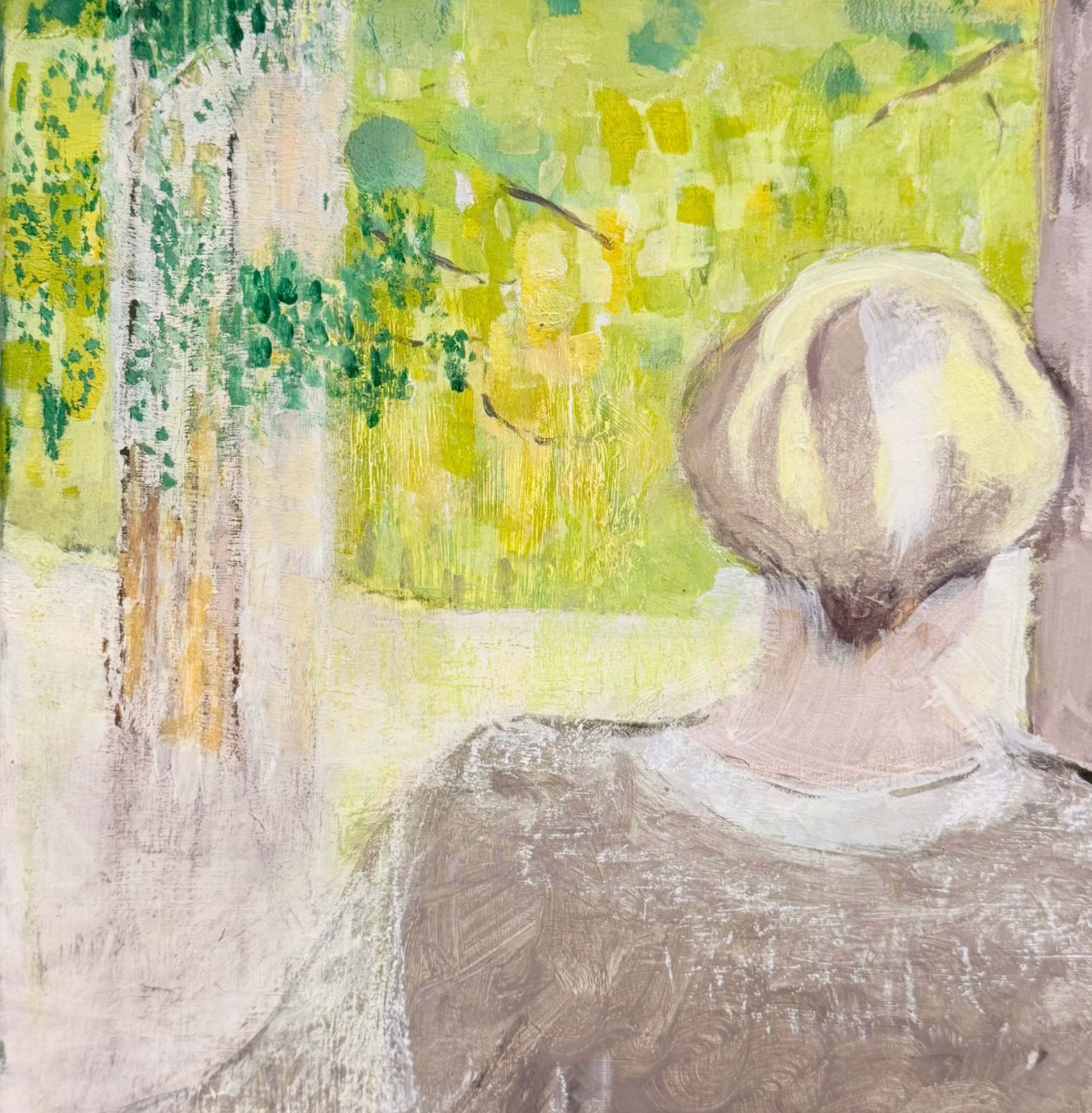 Figure blonde regardant vers un bois, peinture moderniste française, XXe siècle, huile sur toile photo Art