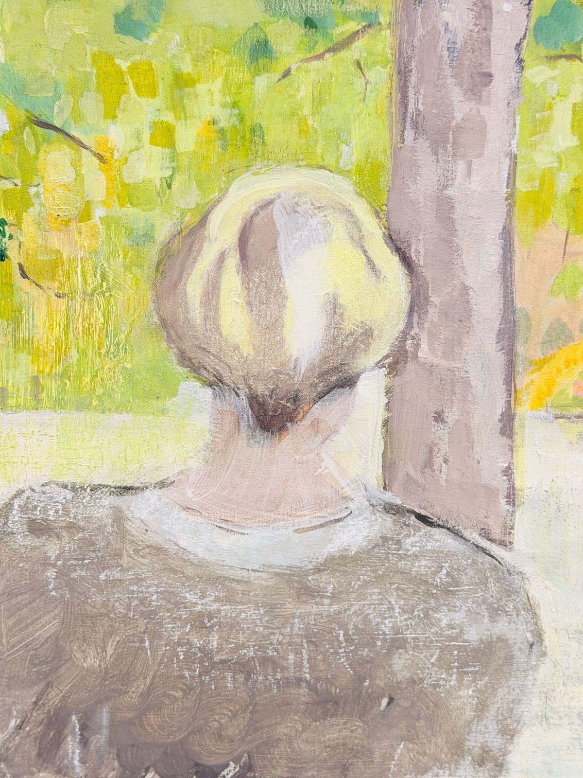 Figure blonde regardant vers un bois, peinture moderniste française, XXe siècle, huile sur toile photo 489.0