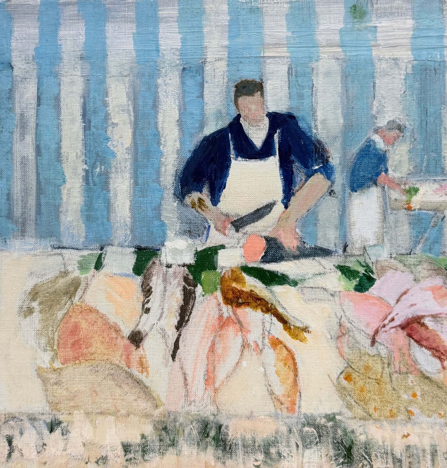 Fish Mongers In A Colourful Fish Market Scene 20th.C Modernist Oil Painting photo for sale