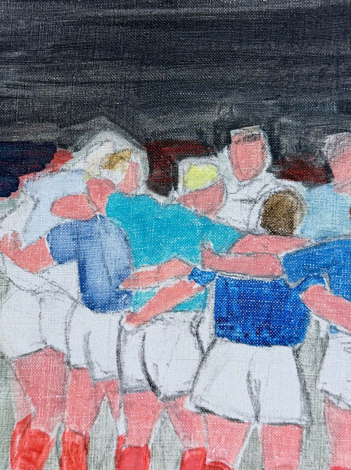 Rugby Players In A Team Huddle French 20th.C Modernist Painting Oil photo 510.0