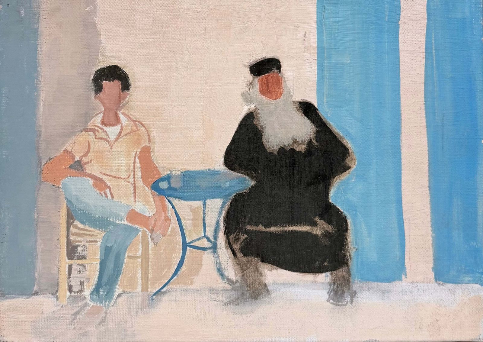 Two Figures At A Café With Bearded Cleric Man French Modernist Oil Painting